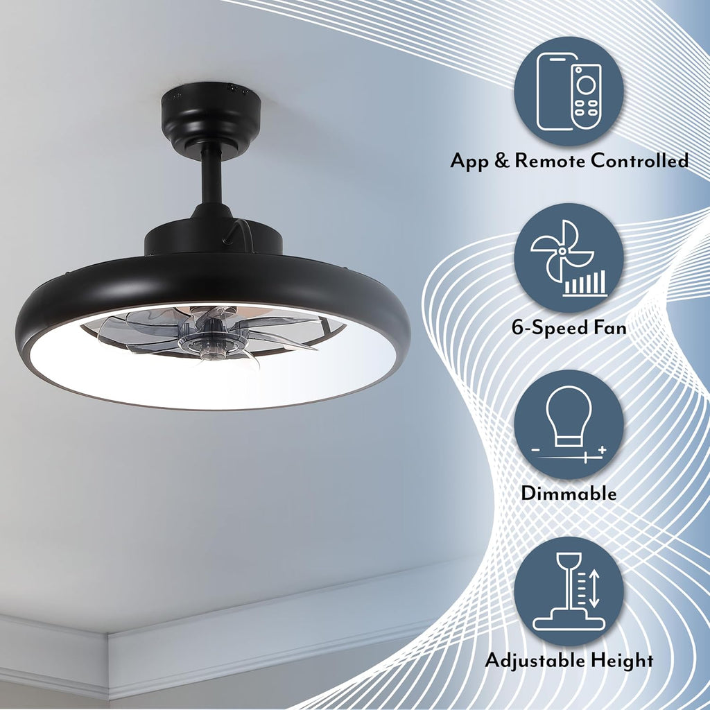 Oval AIR Loren 20' Small Smart Ceiling Fan with Light, Semi Flush Mount, Quiet 6-Speed Reversible Motor, Dimmable LED, Adjustable CCT, App & Remote Control, Modern, Black AIR8002B