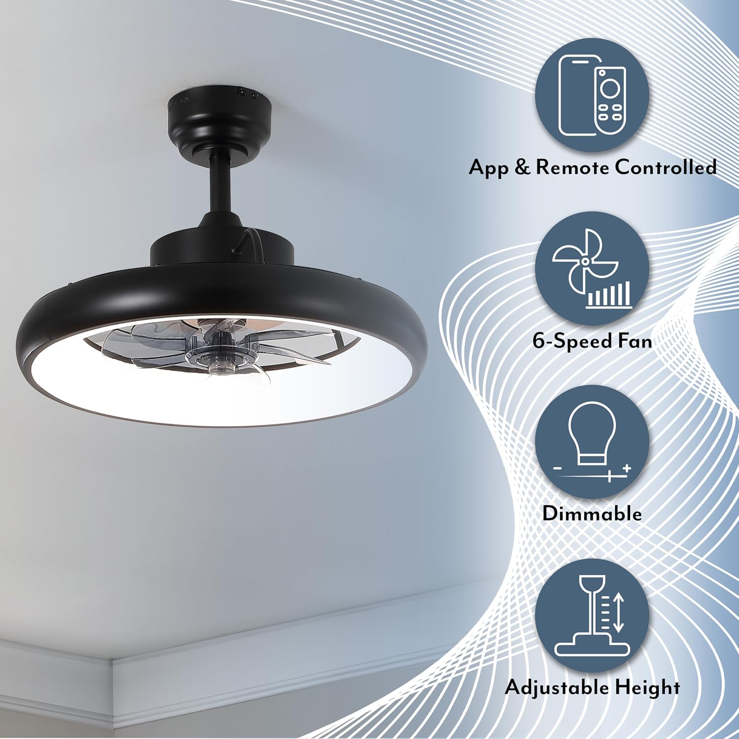 Oval AIR Loren 20' Small Smart Ceiling Fan with Light, Semi Flush Mount, Quiet 6-Speed Reversible Motor, Dimmable LED, Adjustable CCT, App & Remote Control, Modern, Black AIR8002B