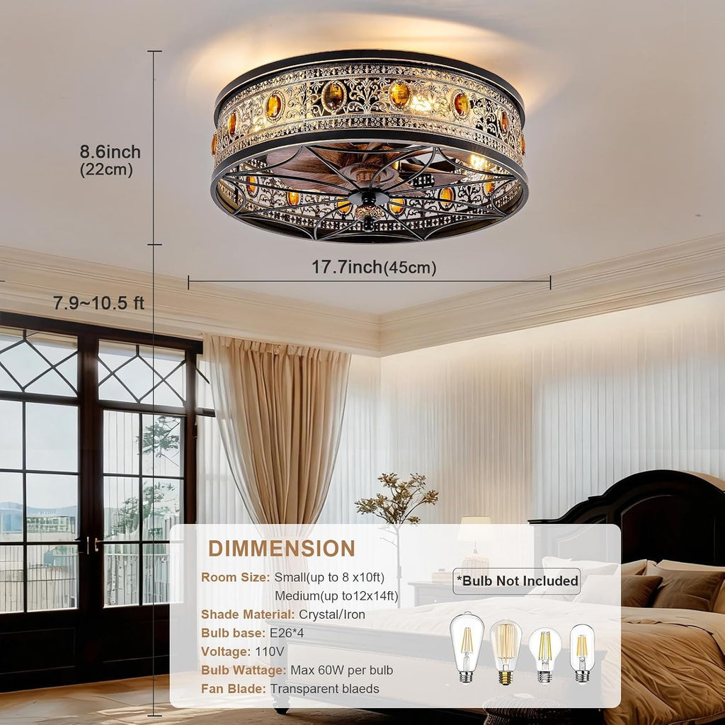 Caged Ceiling Fan with Light, Vintage Victorian Rustic Crystal Fandelier, Low Profile Flush Mount, Small Enclosed Bladeless Ceiling Fan for Bedroom, Kitchen, Living Room, Dining Room