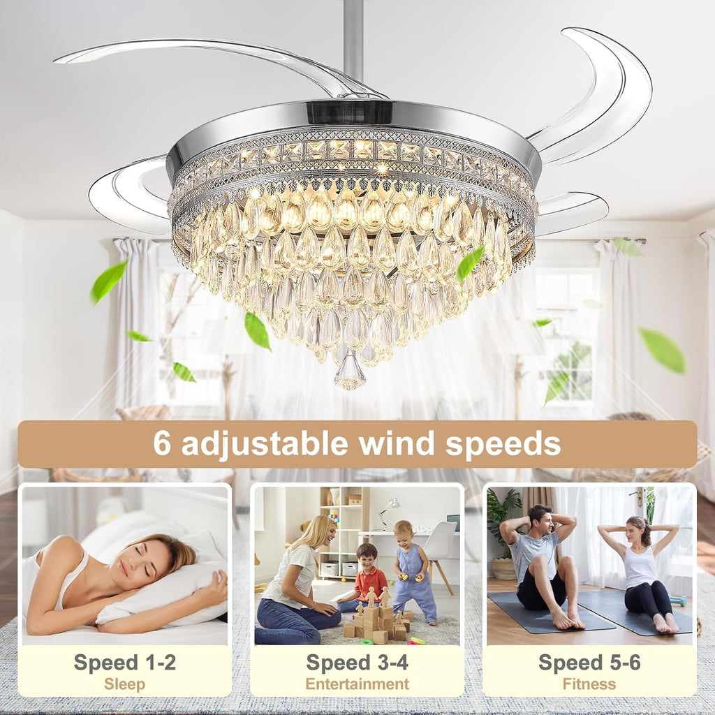 Baotree Chandelier Ceiling Fan with Lights and Remote,42 Inch Modern Flush Mount for Bedroom Indoor, Dimmable LED,Bluetooth Connection,Energy Efficient Quiet Retractable Blades (42 in White)