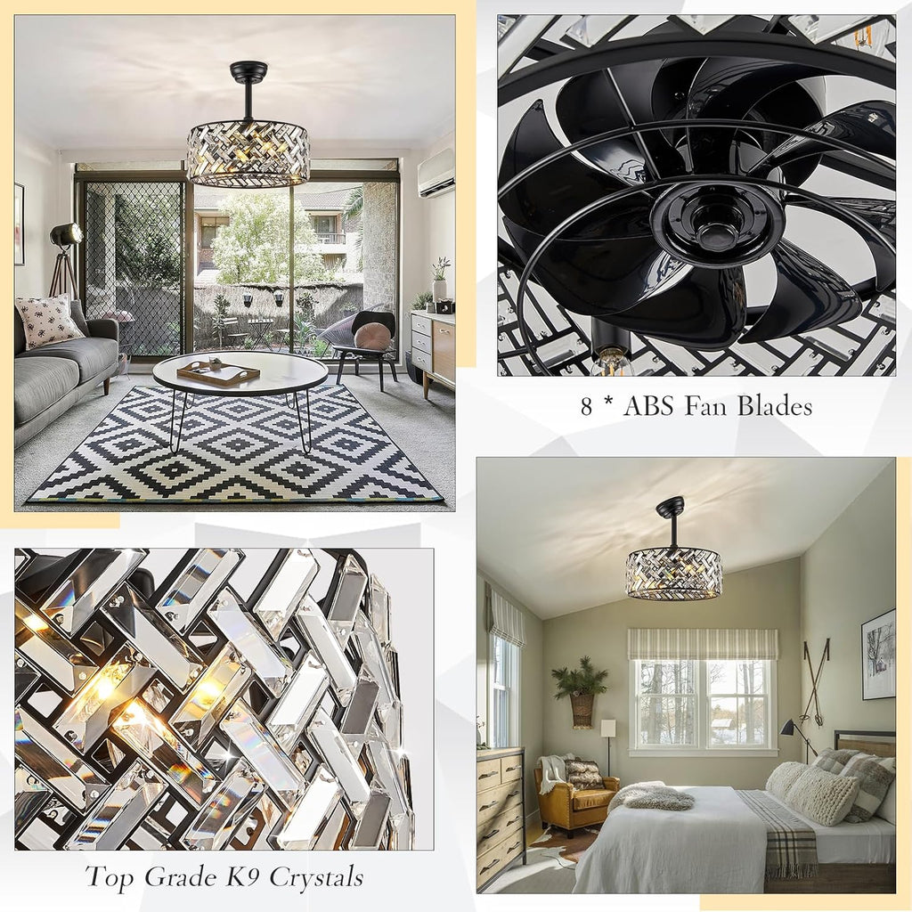 Modern Caged Ceiling Fan with Light Crystal Fandelier with Remote Control 18' Black Flush Mount Ceiling Fan DC Motor with Reversible 8 Blades 6 Speeds for Bedroom Dining Room Kitchen