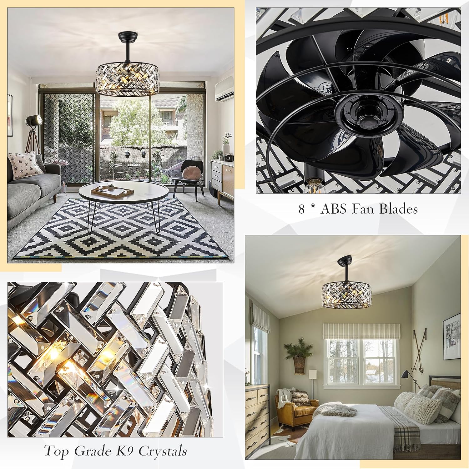 Modern Caged Ceiling Fan with Light Crystal Fandelier with Remote Control 18' Black Flush Mount Ceiling Fan DC Motor with Reversible 8 Blades 6 Speeds for Bedroom Dining Room Kitchen