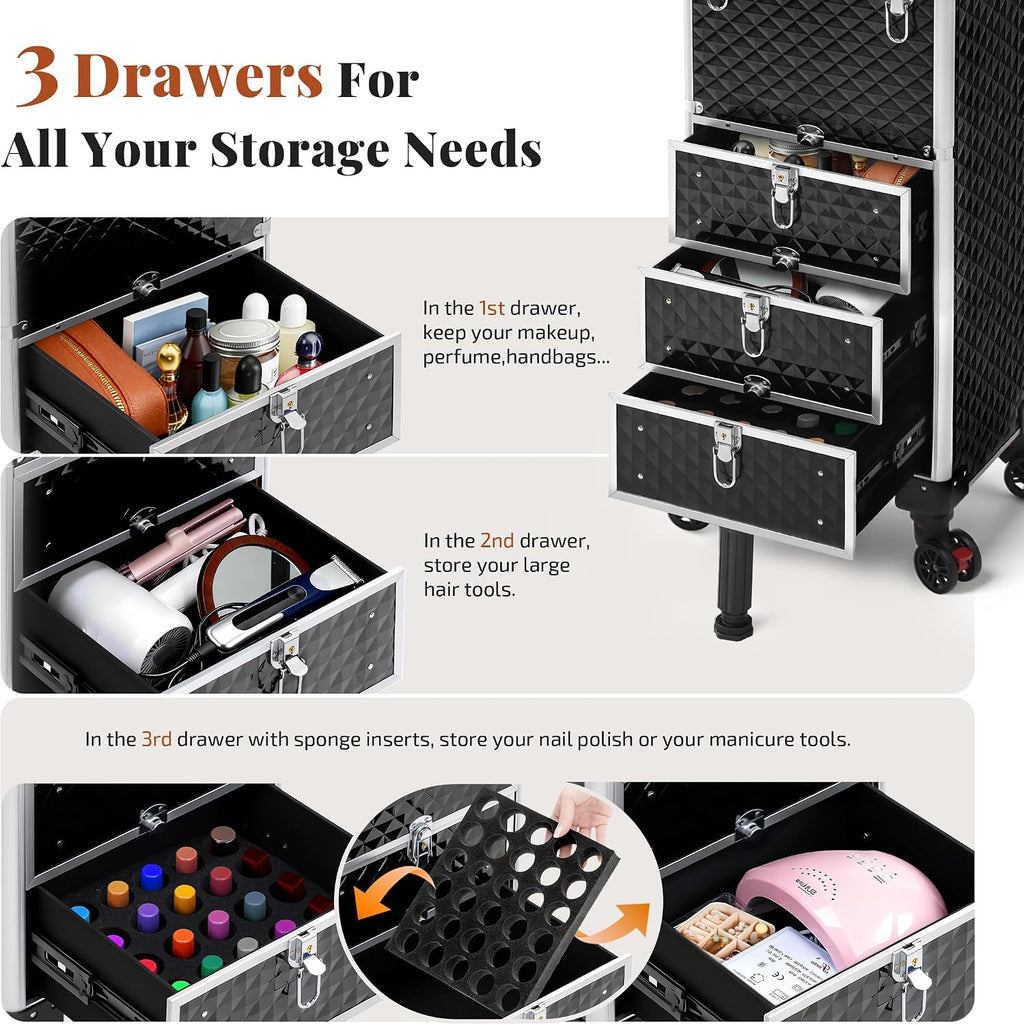 Rolling Makeup Train Case with 3 Drawers, Nail Trolley Cart Salon Station Cosmetology Case on Wheels Organizer Cases for Nail Tech,SPA,Face Painting,Hairstylist,Makeup Artist (Silver & Black)