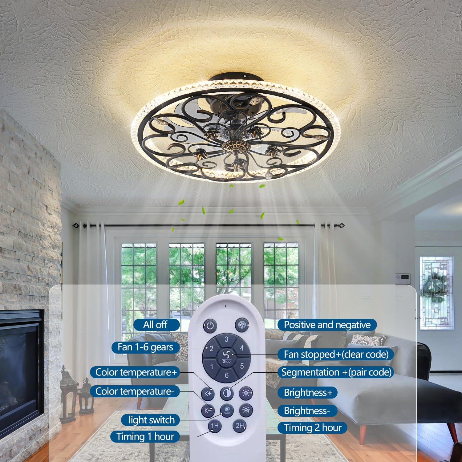 Retro Black Caged Ceiling Fan with Lights Remote Control, 6 Speeds 3 Color Industrial Ceiling Fan with Light for Kitchen Bedroom Living Room