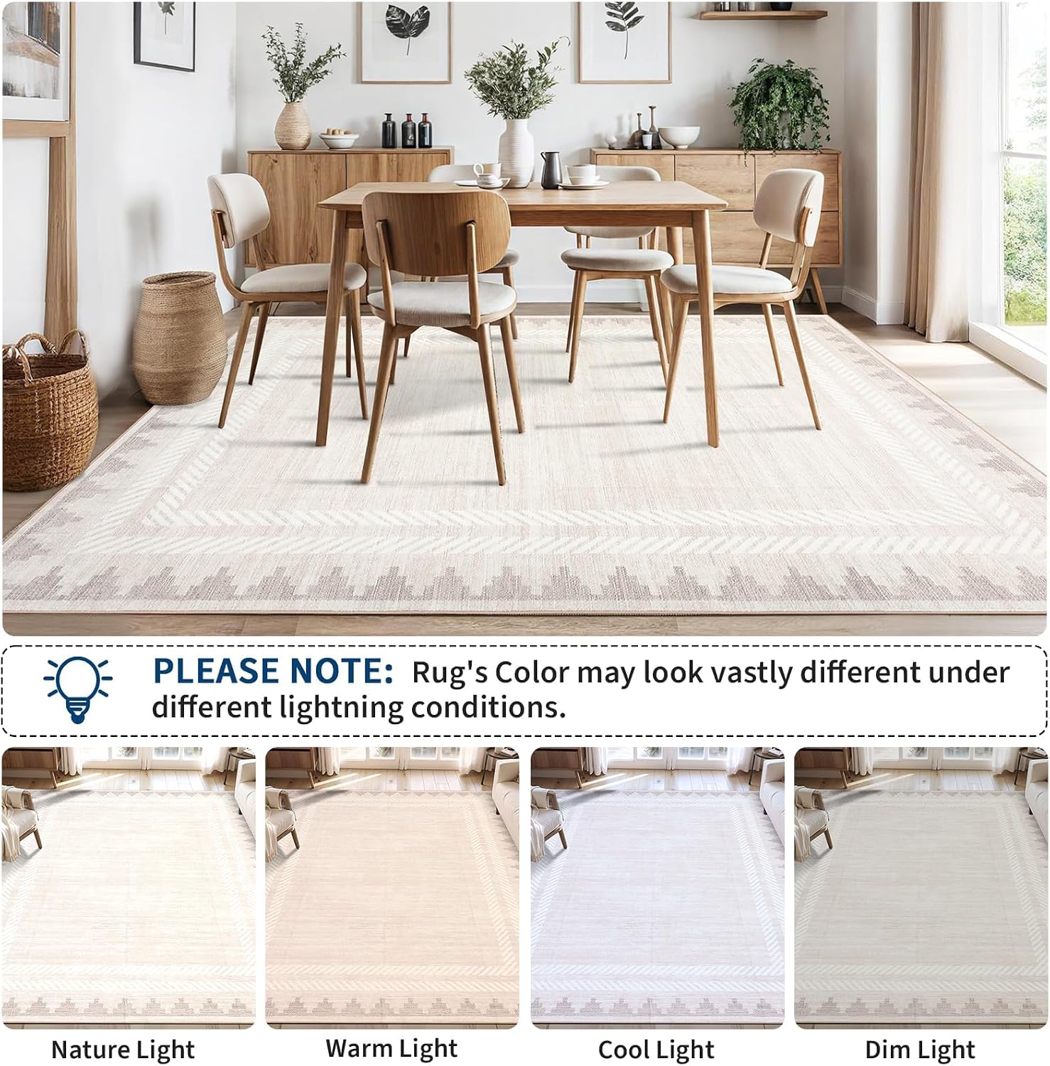 Garvee Washable Large Area Rug 8x10 Modern Solid Living Room Rug Bordered Rugs for Bedroom Neutral Carpet 8x10 Rugs for Farmhouse Dining Room Non-Slip Stain Resistant Under Table White Rug