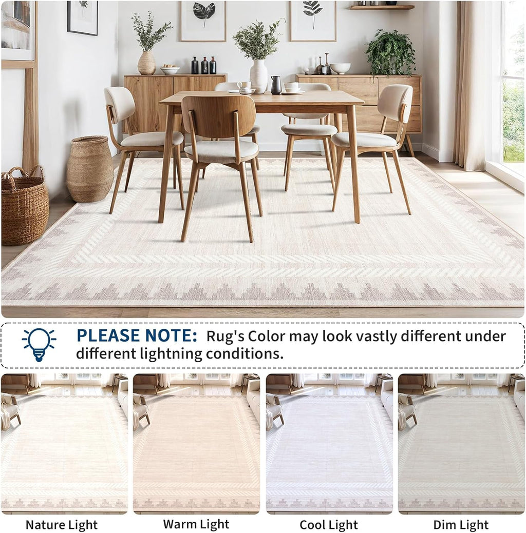 Washable 9x12 Area Rugs for Living Room Non Slip Modern Solid Bordered Rug, Stain Resistant Bordered Soft Carpet, Neutral Foldable Floor Rugs for Bedroom Dining Room Nursery Farmhouse,Ivory White