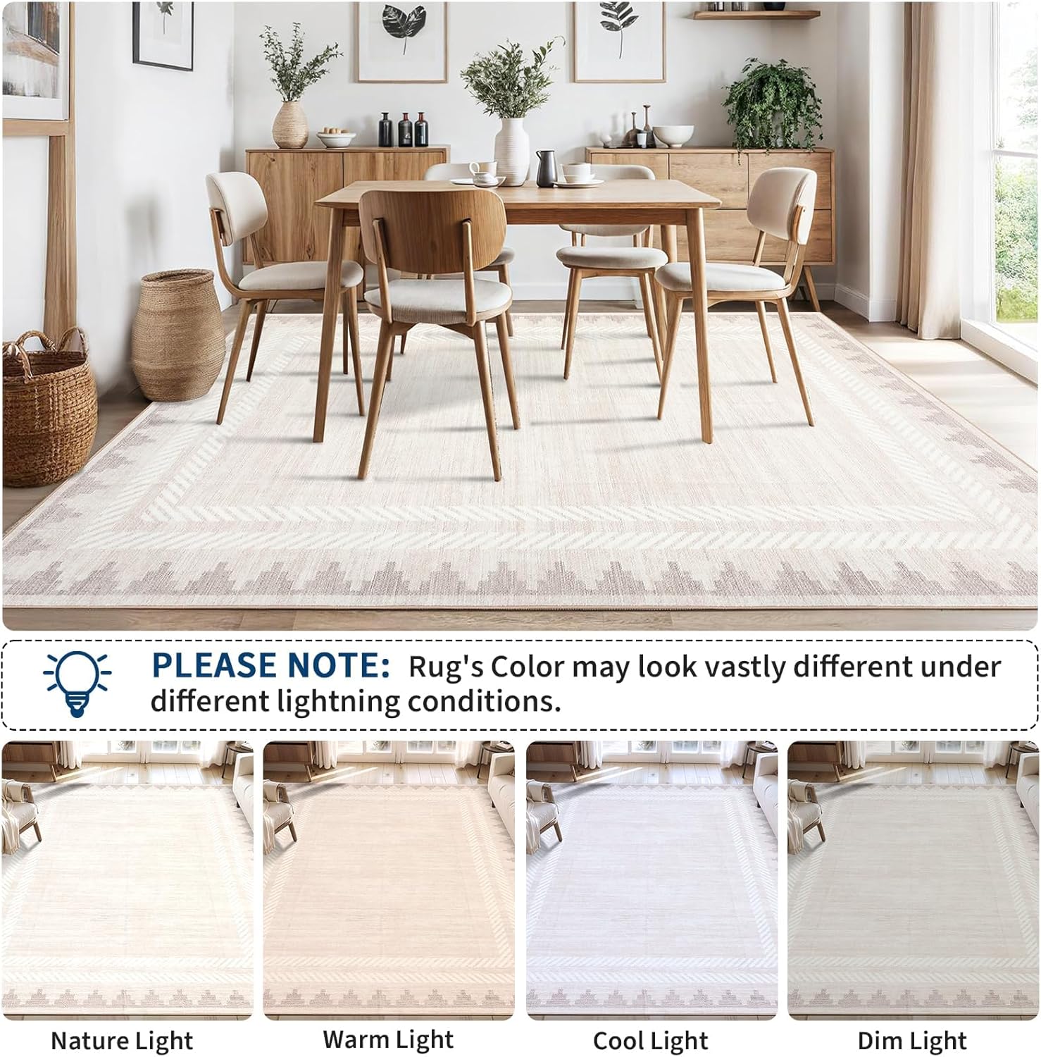 Washable 9x12 Area Rugs for Living Room Non Slip Modern Solid Bordered Rug, Stain Resistant Bordered Soft Carpet, Neutral Foldable Floor Rugs for Bedroom Dining Room Nursery Farmhouse,Ivory White