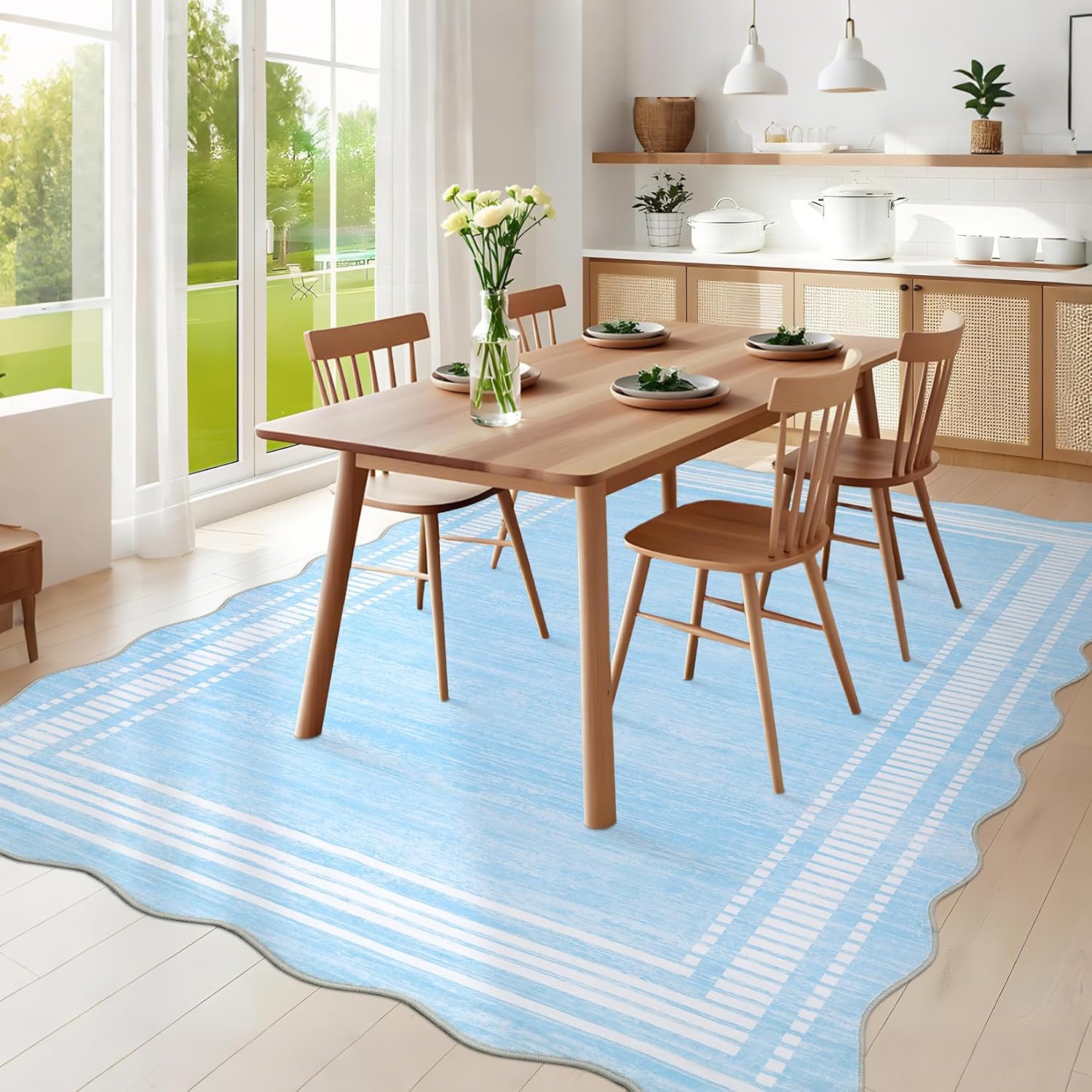 Garvee Washable Rugs 10x13 Area Rugs for Living Room Bedroom, Low Pile Ultra Soft Solid Neutral Carpet, Non Slip & Non Shedding Modern Scalloped Print Floor Mats for Home Decor, Light Blue