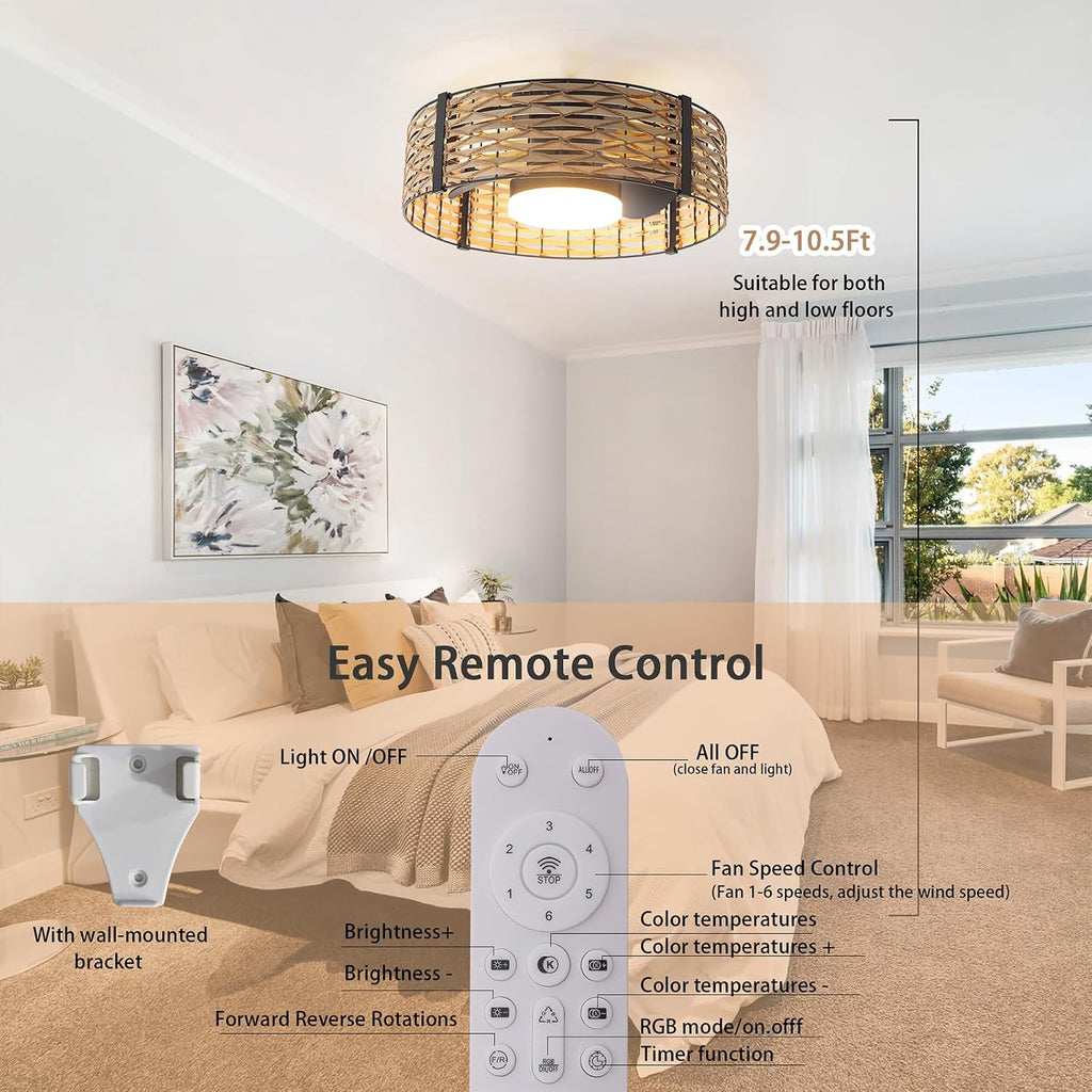 Ganeed 18W LED 20 Inch Dimmable Bamboo Rattan Fandelier, Boho Caged Ceiling Fan with Light and Remote, 6 Speed/Reversible Motor/RGB LED Small Ceiling Fan for Bedroom Living Room Kitchen Nursery