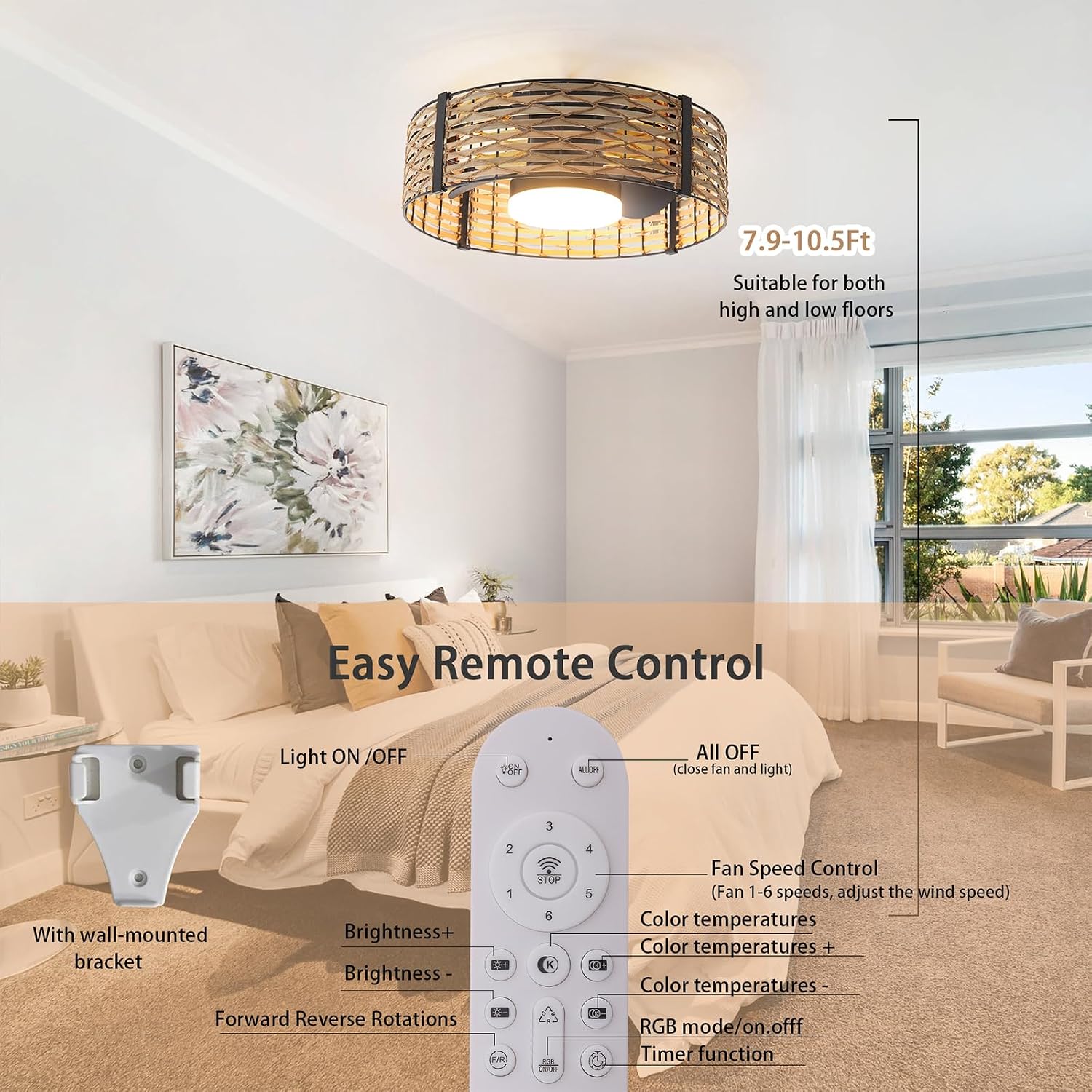 Ganeed 18W LED 20 Inch Dimmable Bamboo Rattan Fandelier, Boho Caged Ceiling Fan with Light and Remote, 6 Speed/Reversible Motor/RGB LED Small Ceiling Fan for Bedroom Living Room Kitchen Nursery