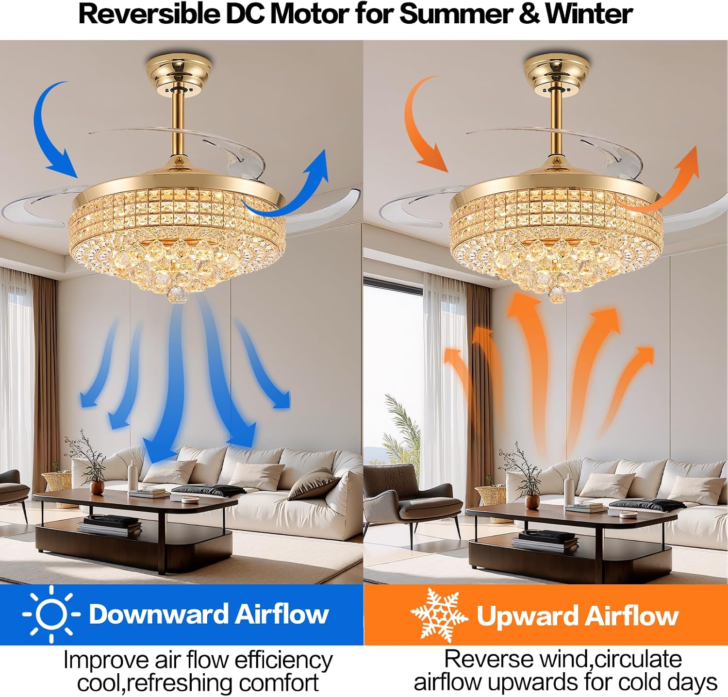 RGB Bluetooth Ceiling Fan with Light & Speaker, Gold, 48in | Retractable Crystal Fandelier, Music Crystal Chandelier Fan, 6-Speed APP Remote Control, Timer