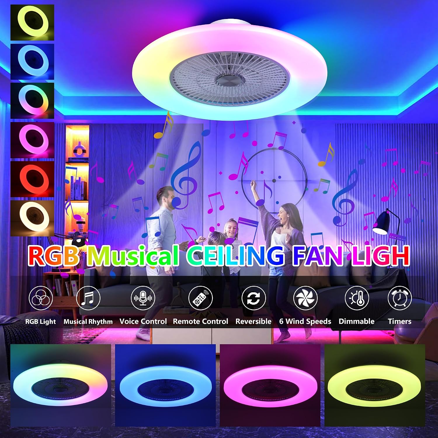 24' Bladeless Low Profile Ceiling Fans with Lights and Remote/APP/Voice Control, Low Profile Ceiling Fan with RGB Lights, Enclosed White
