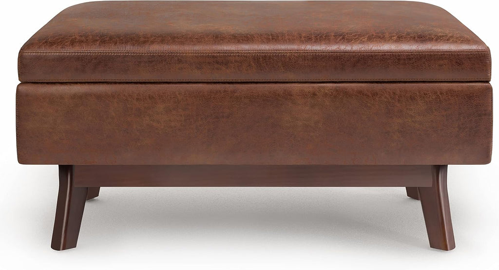 SIMPLIHOME Owen Small Rectangular Storage Ottoman - 36 inch Wide Upholstered Vegan Leather Lift-Top Ottoman in Distressed Saddle Brown, Mid-Century Modern Ottoman for Living Room with Tufted Detail