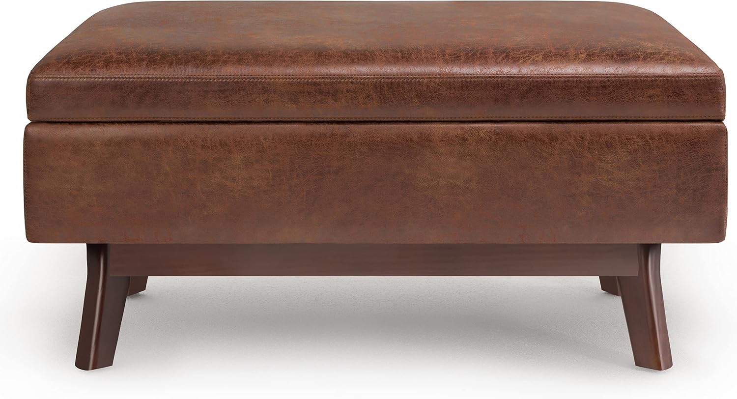 SIMPLIHOME Owen Small Rectangular Storage Ottoman - 36 inch Wide Upholstered Vegan Leather Lift-Top Ottoman in Distressed Saddle Brown, Mid-Century Modern Ottoman for Living Room with Tufted Detail