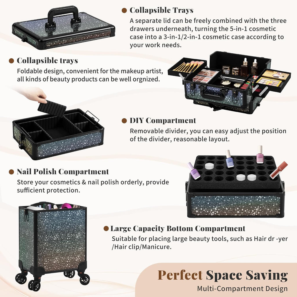 AROUS Rolling Makeup Train Case 5 in 1 Cosmetology Case on Wheels Large Cosmetic Organizer Travel Cart for Hairstylist Artist Nail Beauty Salon Barber,Black