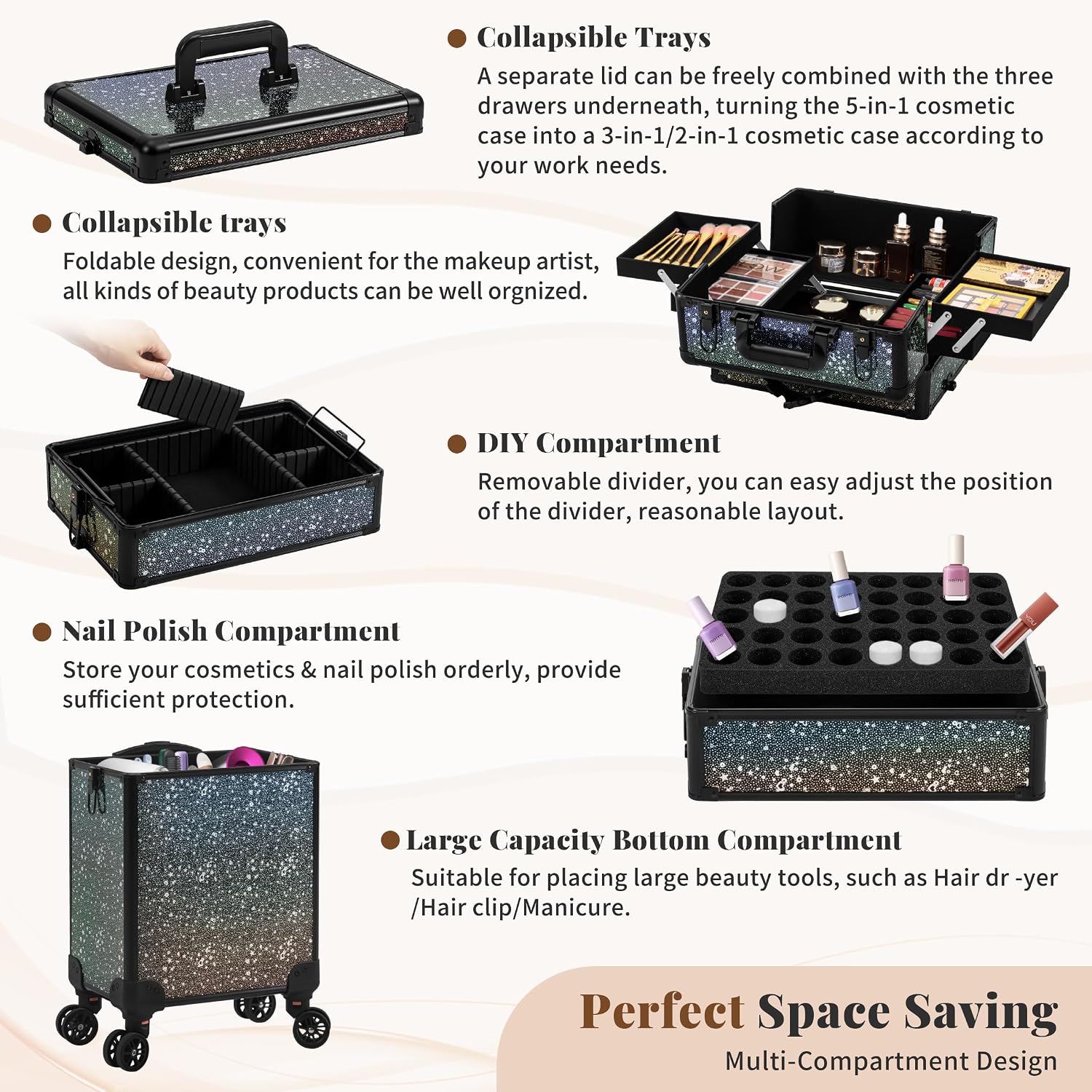 AROUS Rolling Makeup Train Case 5 in 1 Cosmetology Case on Wheels Large Cosmetic Organizer Travel Cart for Hairstylist Artist Nail Beauty Salon Barber,Black