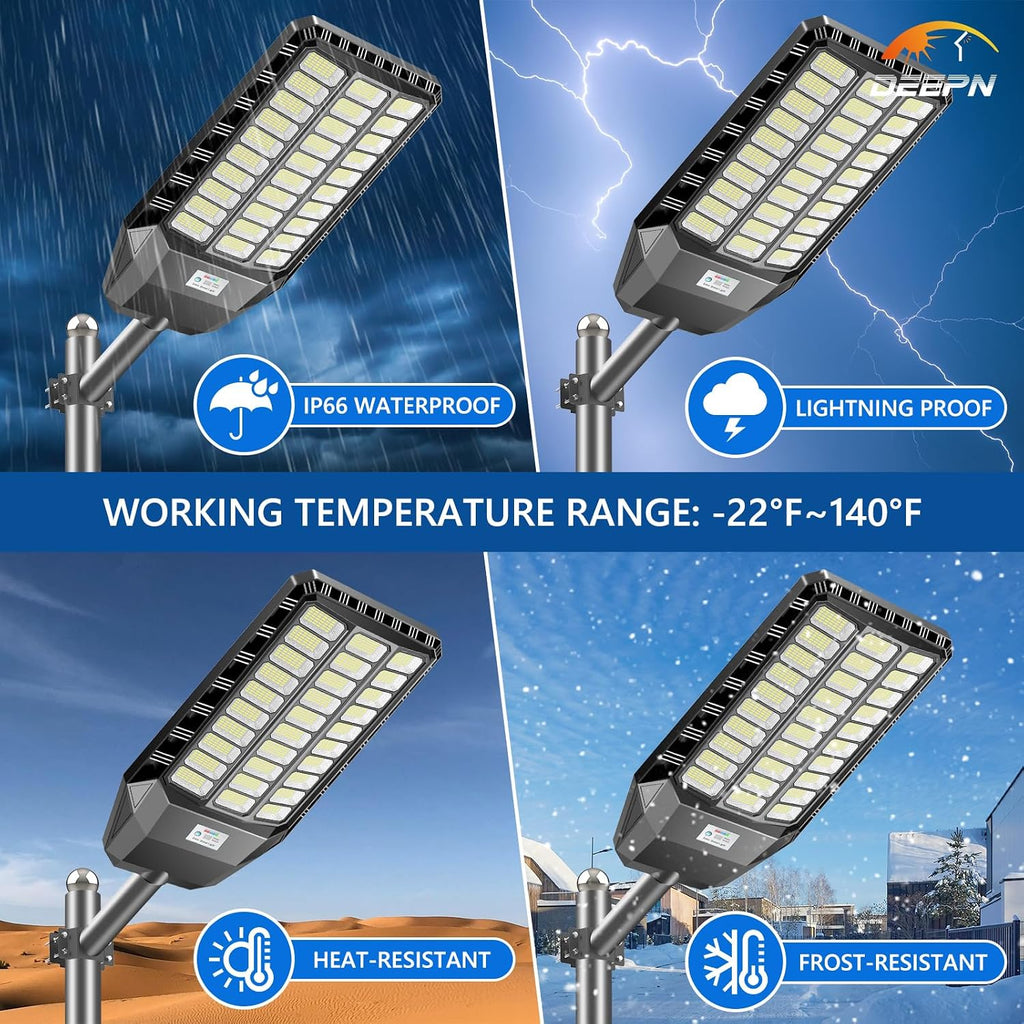 Deepn Solar Street Light, Commercial Grade Solar Lights Outdoor IP67 Waterproof, 8700W LED Flood Security Lights Motion Sensor & Dusk to Dawn Outdoor Lighting for Parking Lots, Streets & Yard, 4 Pack
