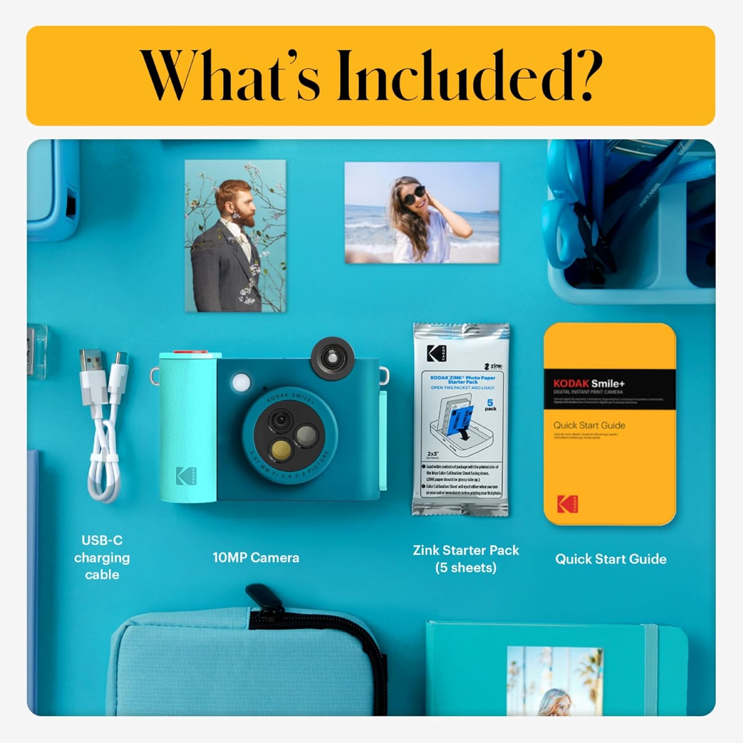 Kodak Smile+ 2-in-1 Digital Instant Print Camera & Photo Printer Gift Bundle + Case + Zink 2x3 Sticky Back Photo Paper 20pk + Album + Sticker Frames + Hanging Frames + Sticker Sets + Markers - Blue