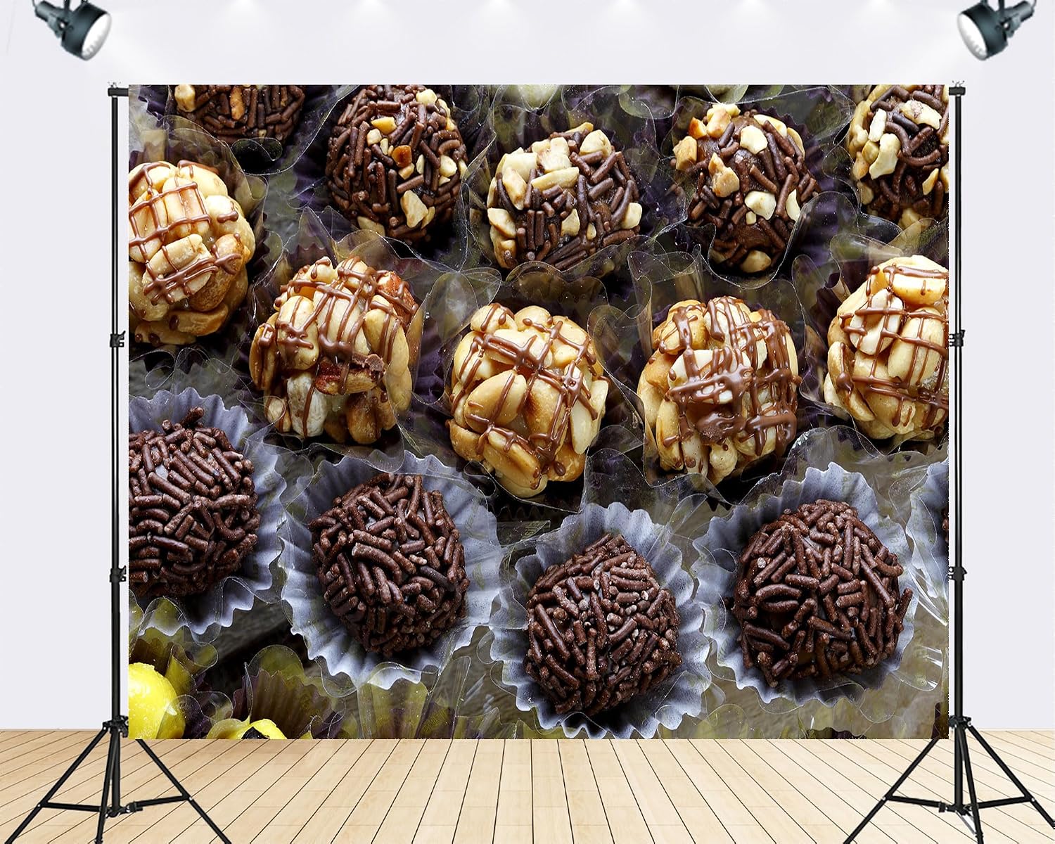 Trykid 20x10ft Nutty Chocolate Treats Backdrop Sprinkled Truffles Peanut Clusters Clear Wrappers Photography Background Dessert Birthday Wedding Party Decoration Photo Booth Prop Fabric