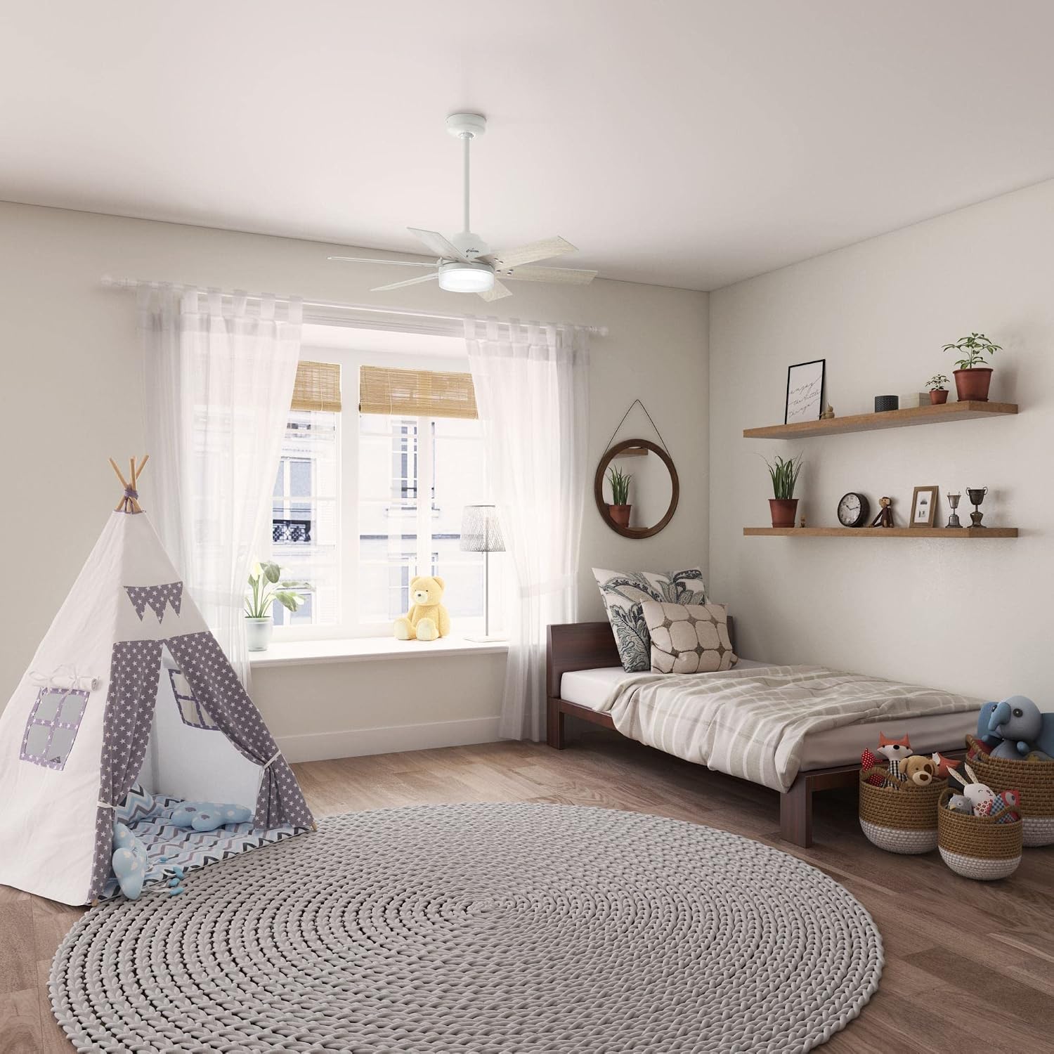 Hunter 44 inch Indoor Ceiling Fan with LED Light and Remote Control - White Ceiling Fan, Standard Mount, 6 Blades, For Bedroom, Living Room, or Kitchen, Quiet - Pacer 51205, Fresh White