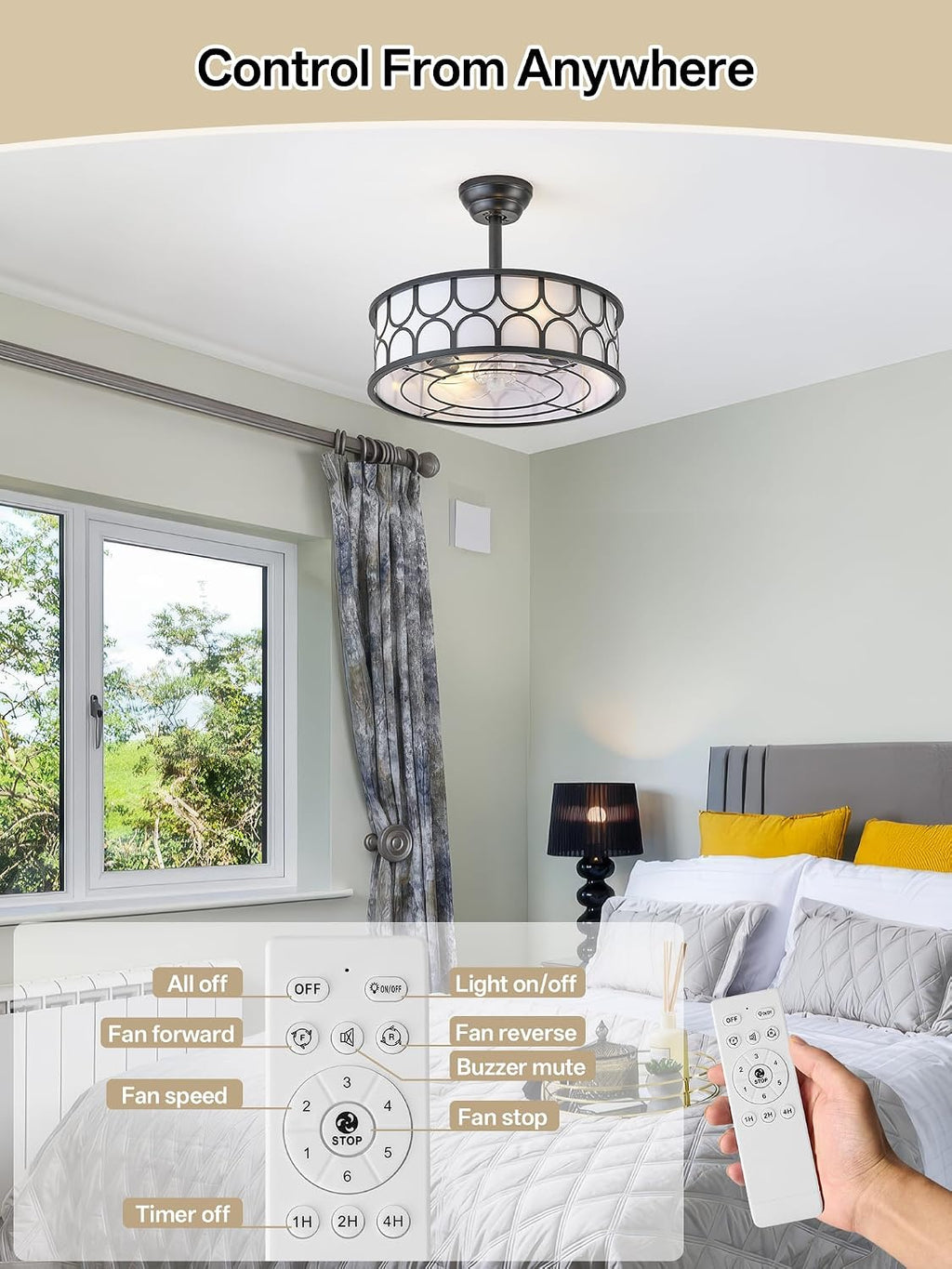 20' Black Boho Fandelier Ceiling Fan with Lights, Caged Bladeless Ceiling Fan with Light Remote Control, Chandelier with 6 Speeds for Bedroom, Nursery, Living Room