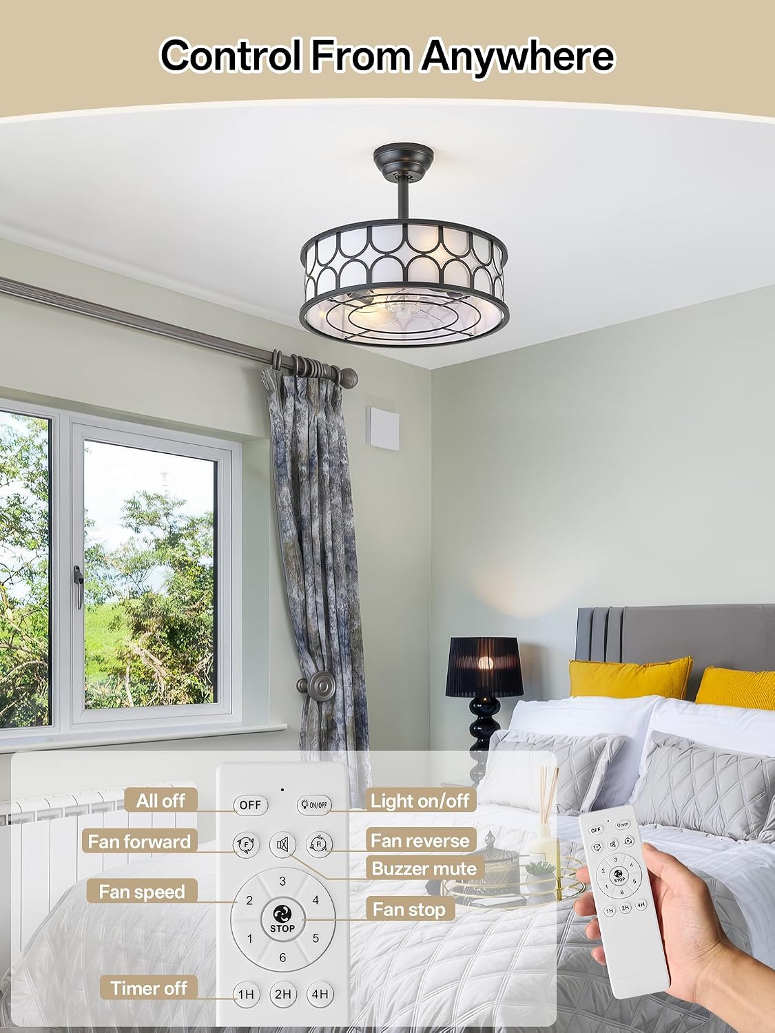 20' Black Boho Fandelier Ceiling Fan with Lights, Caged Bladeless Ceiling Fan with Light Remote Control, Chandelier with 6 Speeds for Bedroom, Nursery, Living Room