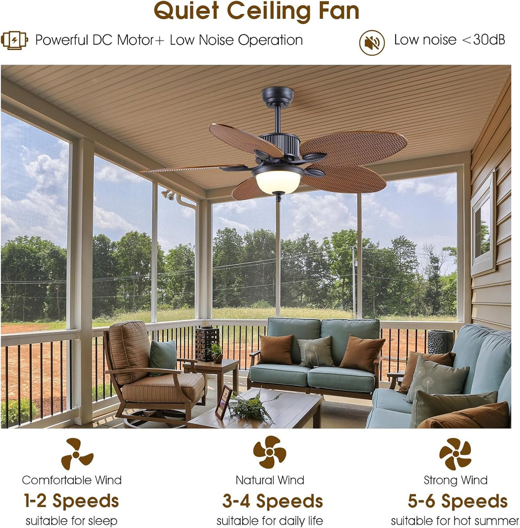 Wiviniya 50 Inch Tropical Ceiling Fans with Lights, Palm Leaf Waterproof Outdoor Ceiling Fan for Patios Porch, Remote/APP Control, Wet Rated, Glass Lampshade, Quiet DC Motor, Dimmable LED, Brown