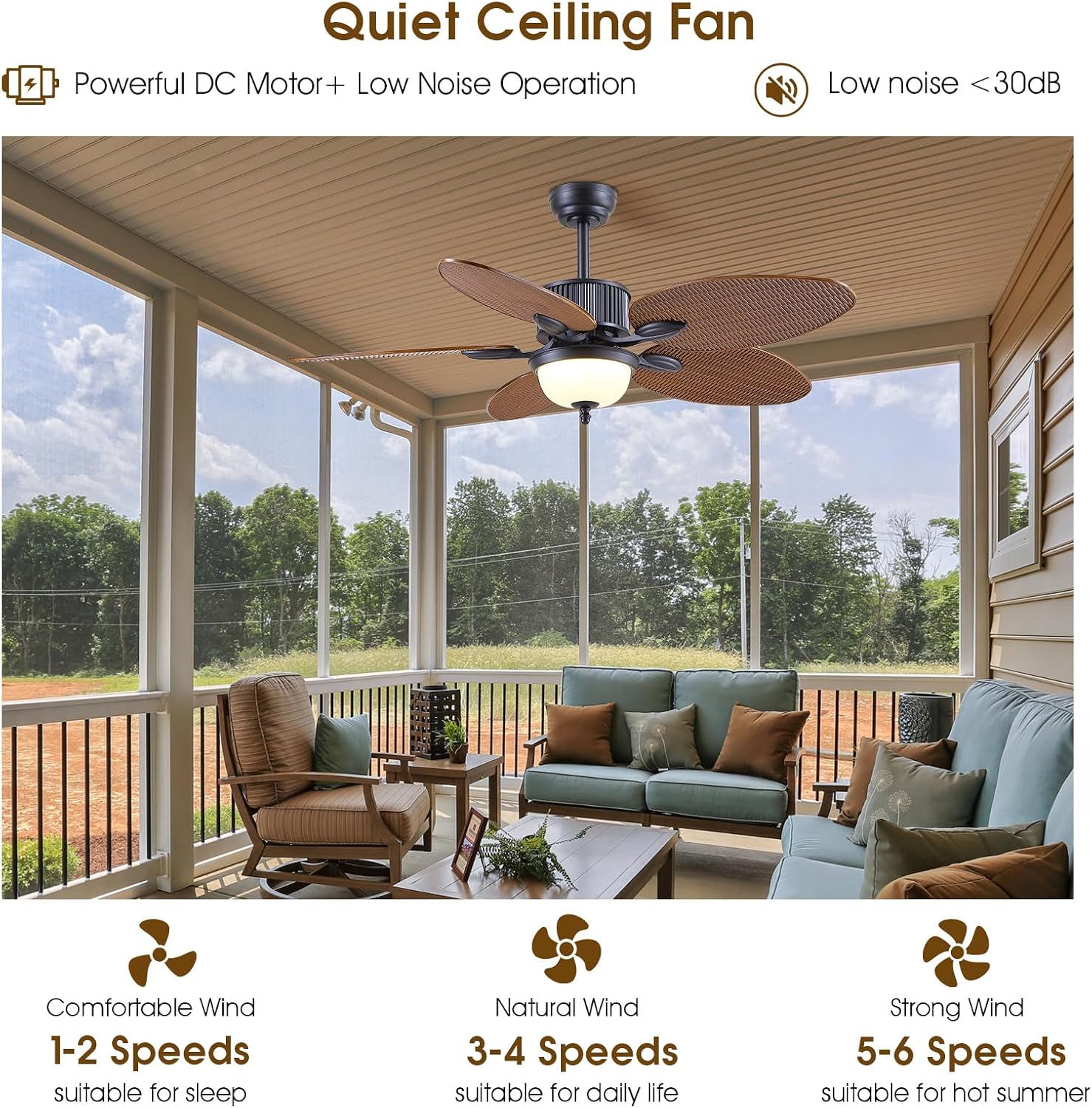 Wiviniya 50 Inch Tropical Ceiling Fans with Lights, Palm Leaf Waterproof Outdoor Ceiling Fan for Patios Porch, Remote/APP Control, Wet Rated, Glass Lampshade, Quiet DC Motor, Dimmable LED, Brown