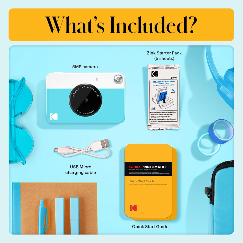 Kodak Printomatic Full-Color Instant Print Camera Gift Bundle + Soft Case + Zink 2x3 Sticky Back Photo Paper 20pk + Album + Sticker Sets + Sticker Frames + Markers + Hanging Frames, Fun Gift - Blue