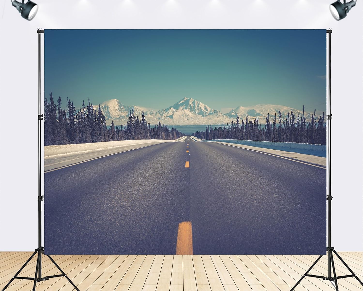 Trykid 20x10ft Long Road Backdrop Snow Capped Mountains Dense Evergreens Clear Sky Straight Highway Serene Landscape Photography Background Nature Party Decoration Photo Booth Prop Fabric