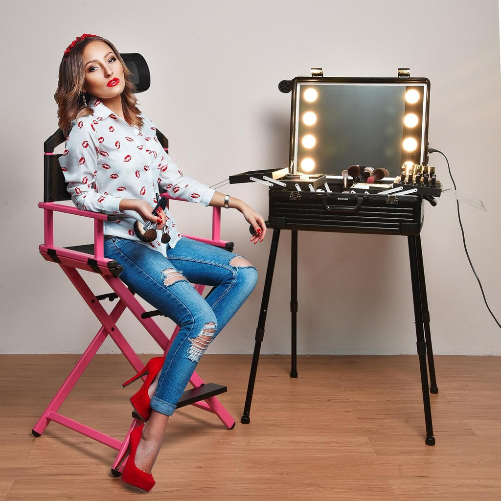 BYOOTIQUE Rolling Makeup Case with LED Lighted Mirror 24 Inch Professional Cosmetic Organizer Storage Travel Aluminum Trolley Case with Extendable Tray Adjustable Leg For Makeup Artist Studio Salon