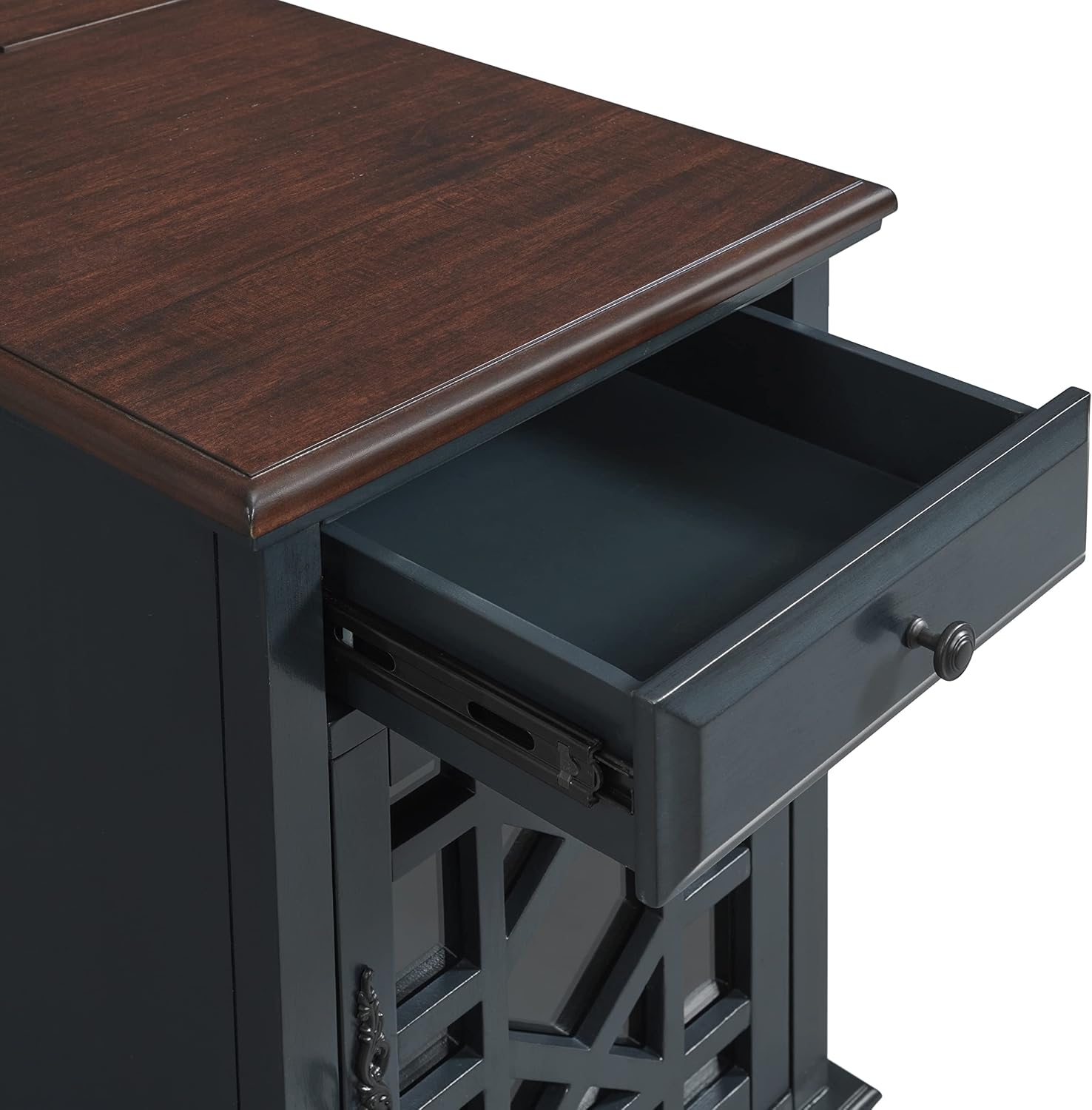Martin Svensson Home Elegant Chairside End Table with Power — 24″W x 16″D x 25″H, Catalina Blue with Walnut Top — Transitional Painted Accent Table with Flip-Top USB Charging, Drawer & Cabinet Storage