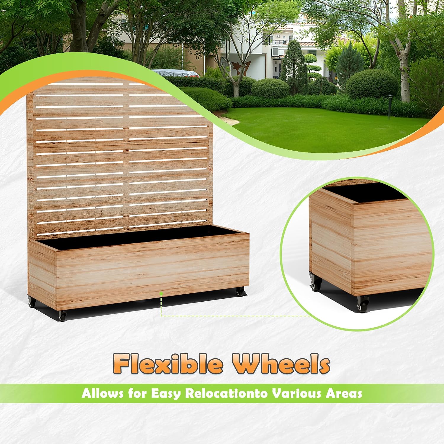 Metal Raised Garden Bed with Trellis, 2-in-1 Planter Box & Privacy Screen for Climbing Plants, Outdoor Standing Flower Bed with Drainage Holes, 47.2'L x 16.7'W x 70.8'H, Acacia Wood Grain-Louvered