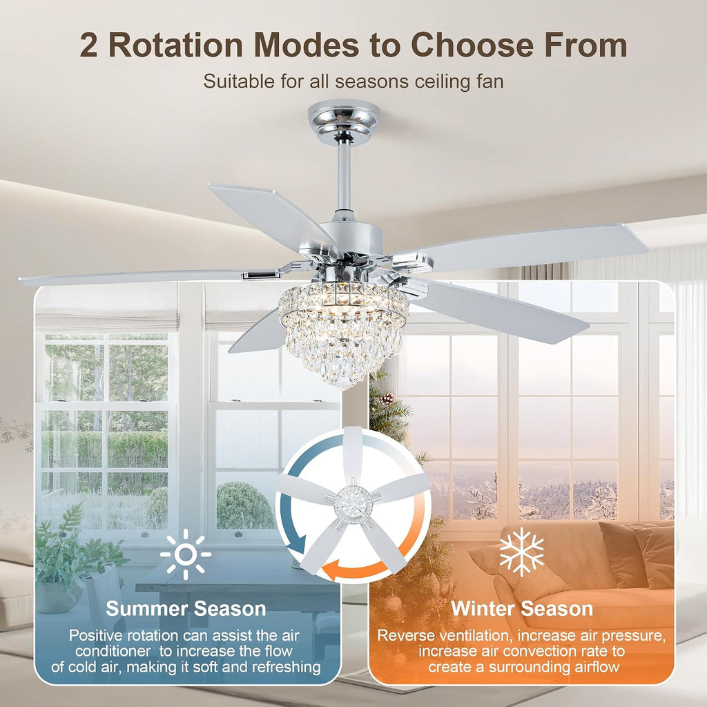 Chandelier Ceiling Fans with Lights and Remote,Chandelier Fan Ceiling,Crystal Ceiling Fan Fandelier with Lights,6 Speed 3 Timer Quiet Ceiling Fan for Bedroom (Chrome, 52 Inch)