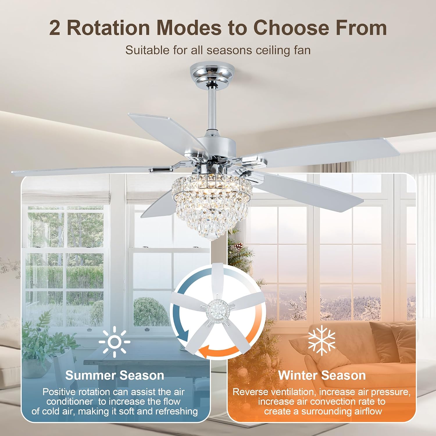 Chandelier Ceiling Fans with Lights and Remote,Chandelier Fan Ceiling,Crystal Ceiling Fan Fandelier with Lights,6 Speed 3 Timer Quiet Ceiling Fan for Bedroom (Chrome, 52 Inch)