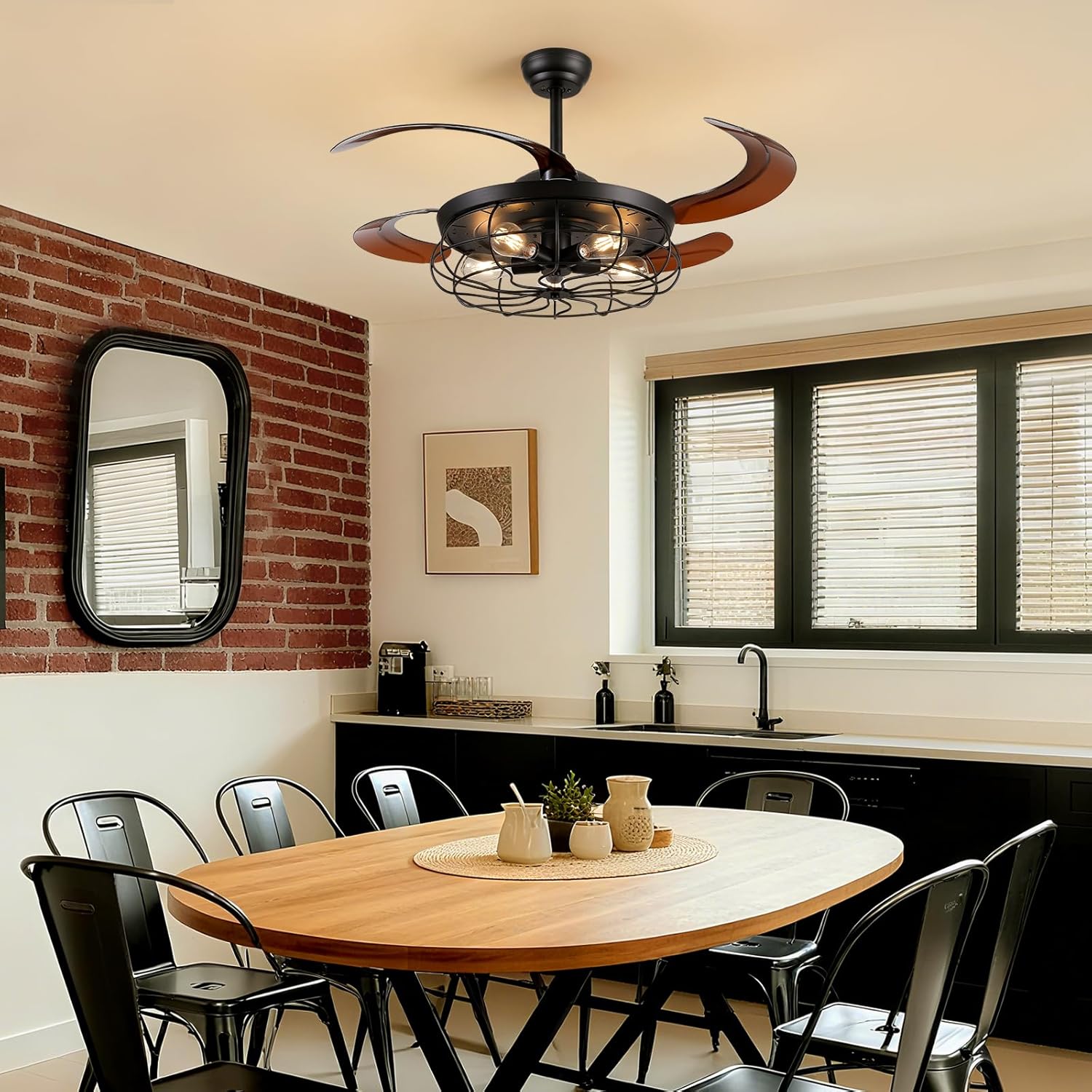 48' Industrial Caged Ceiling Fan with Light and Remote, Vintage Retractable Blades Ceiling Fan with Lights, Farmhouse Black Fandelier for Bedroom Living Room Dining Room