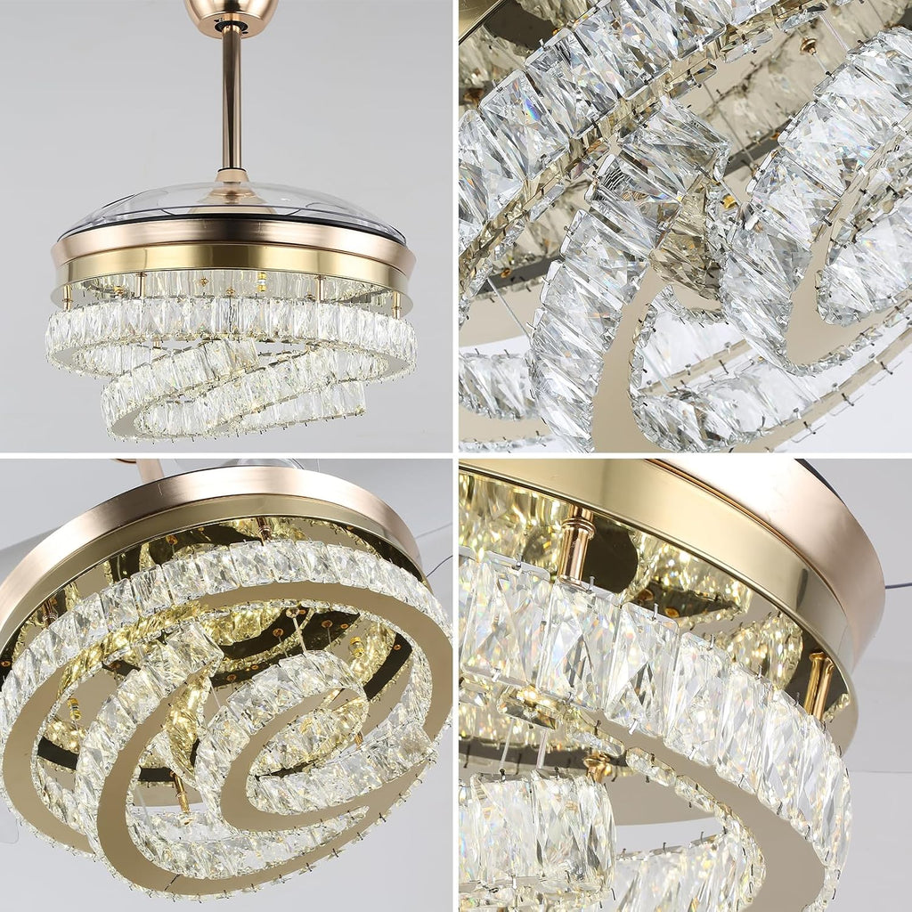 42'' Dimmable Ceiling Fan with Light and Remote Crystal Modern Chandelier Fan Retractable Fandelier with Memory, Silent Motor, 6 Speed, 3 Color Change, Timer Function(Gold)