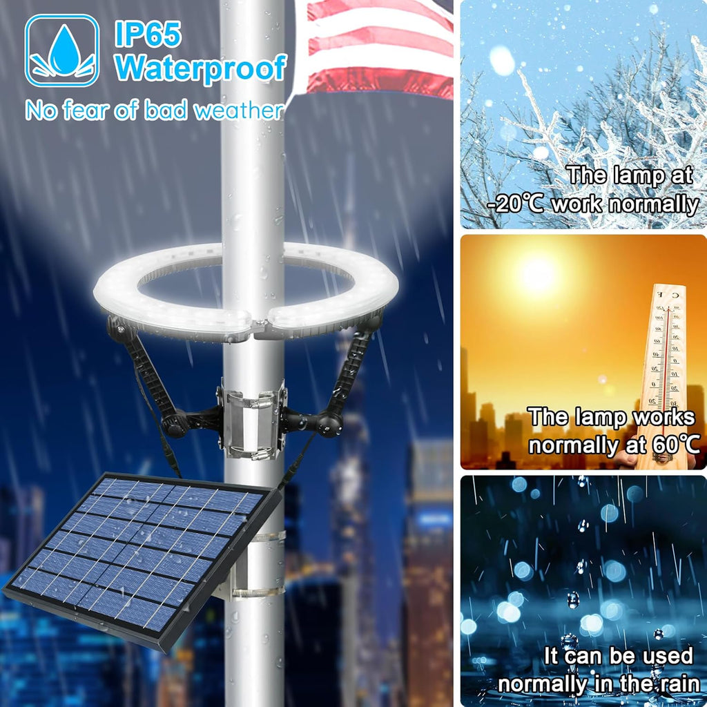 Flag Pole Light Solar Powered 4640 Lumens Brightest Solar Flagpole Light Outdoor Waterproof Dusk to Dawn 32 LED Ring Spotlights 12000mAh Batteries Adjustable Clamp fit 2-6' Dia Flagpoles