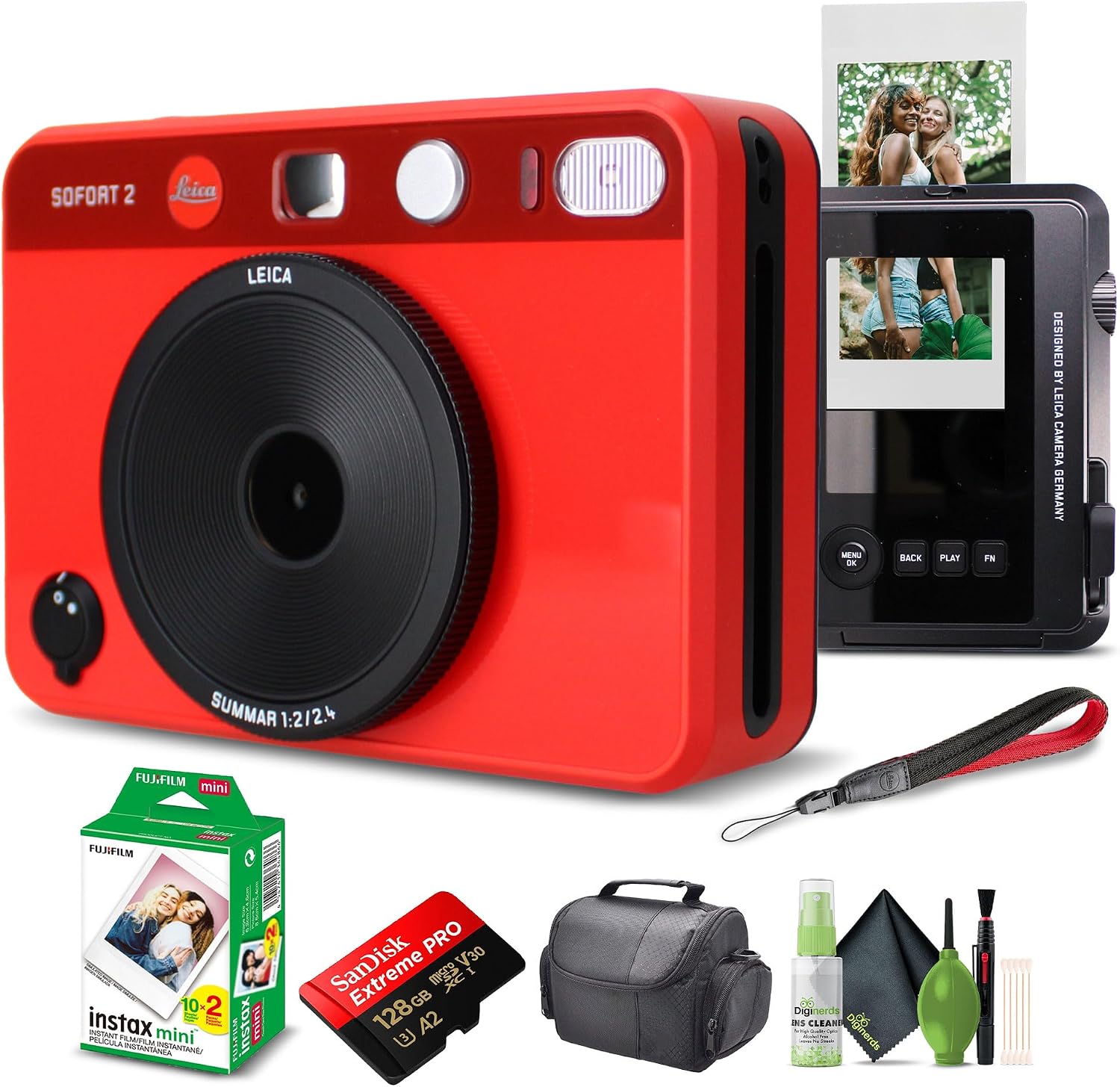 Leica Sofort 2 Hybrid Instant Photo Film and Digital Camera (Red) (19189) with LCD Display Bundle with Fujifilm Instant Film 20 Sheets + 128 GB Memory Card + Bag + Cleaning Kit