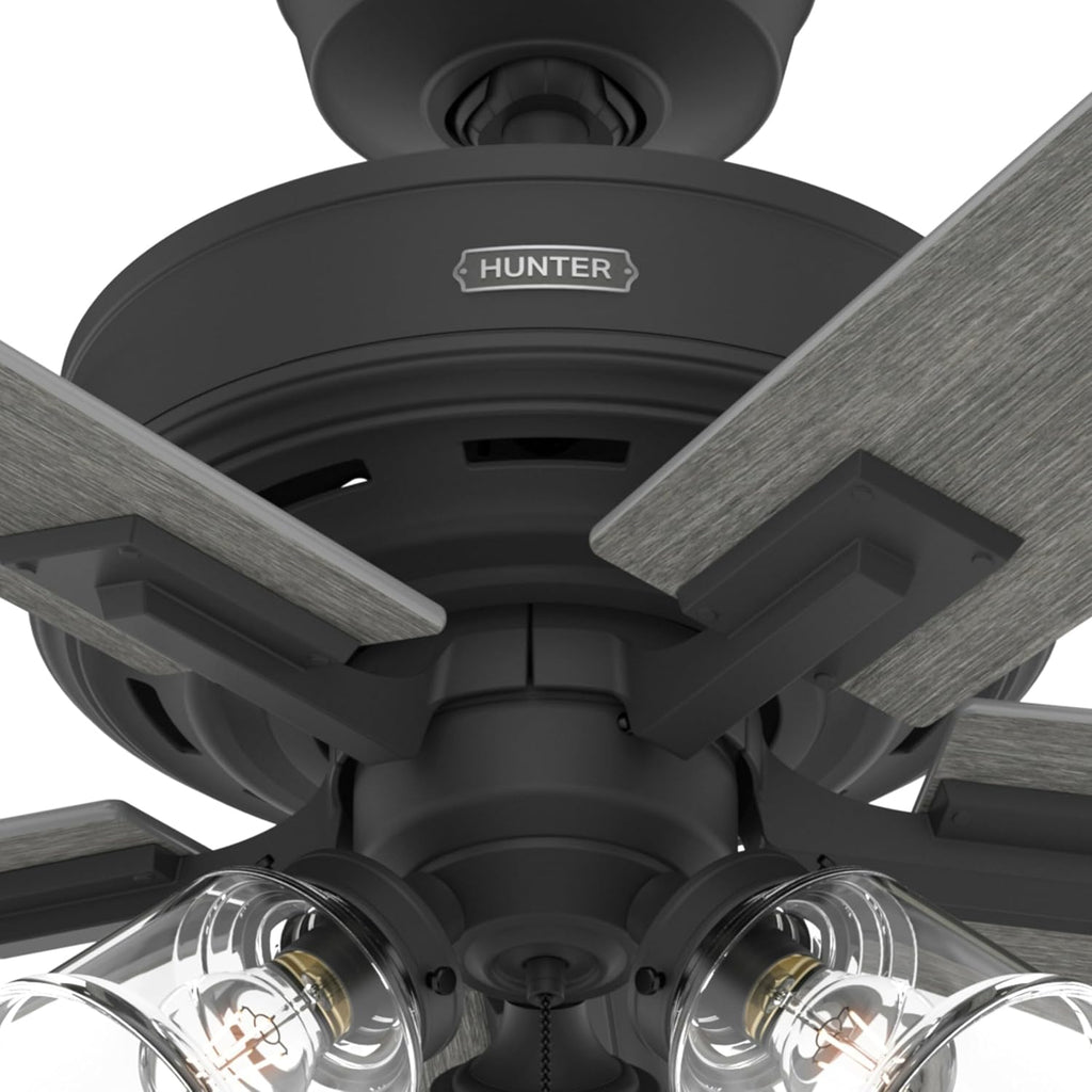 Hunter Fan 52 Inch Matte Black Ceiling Fan with Light and Pull Chain for Bedroom, Dining Room, Kitchen, Office (Renewed)