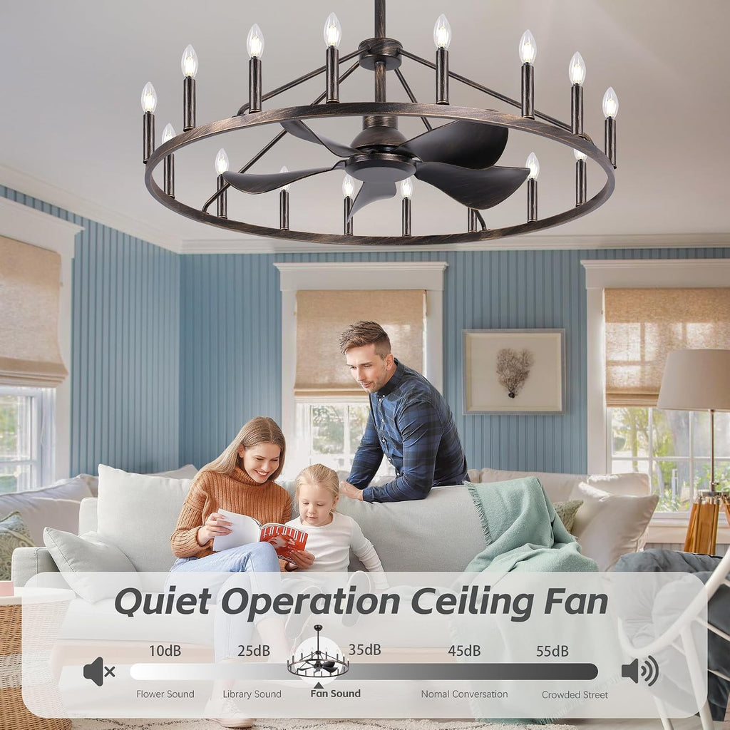 Farmhouse Chandelier Ceiling Fan with Light and Remote, 16-Lights Large Wagon Wheel Fandelier with Candle for Living Room,Rustic Antique Bronze Fan with Big Light Fixture for Loft