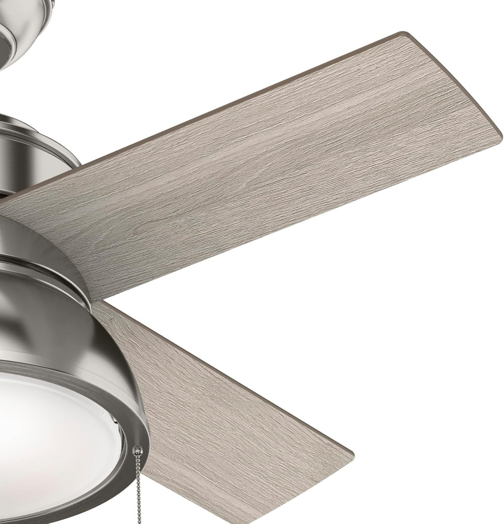 Hunter 36 inch Small Indoor Ceiling Fan with LED Light and Pull Chain - Standard Mount Ceiling Fan, 4 Blades, For Bedroom, Home Office, or Laundry Room, Quiet - Loki 51040, Brushed Nickel