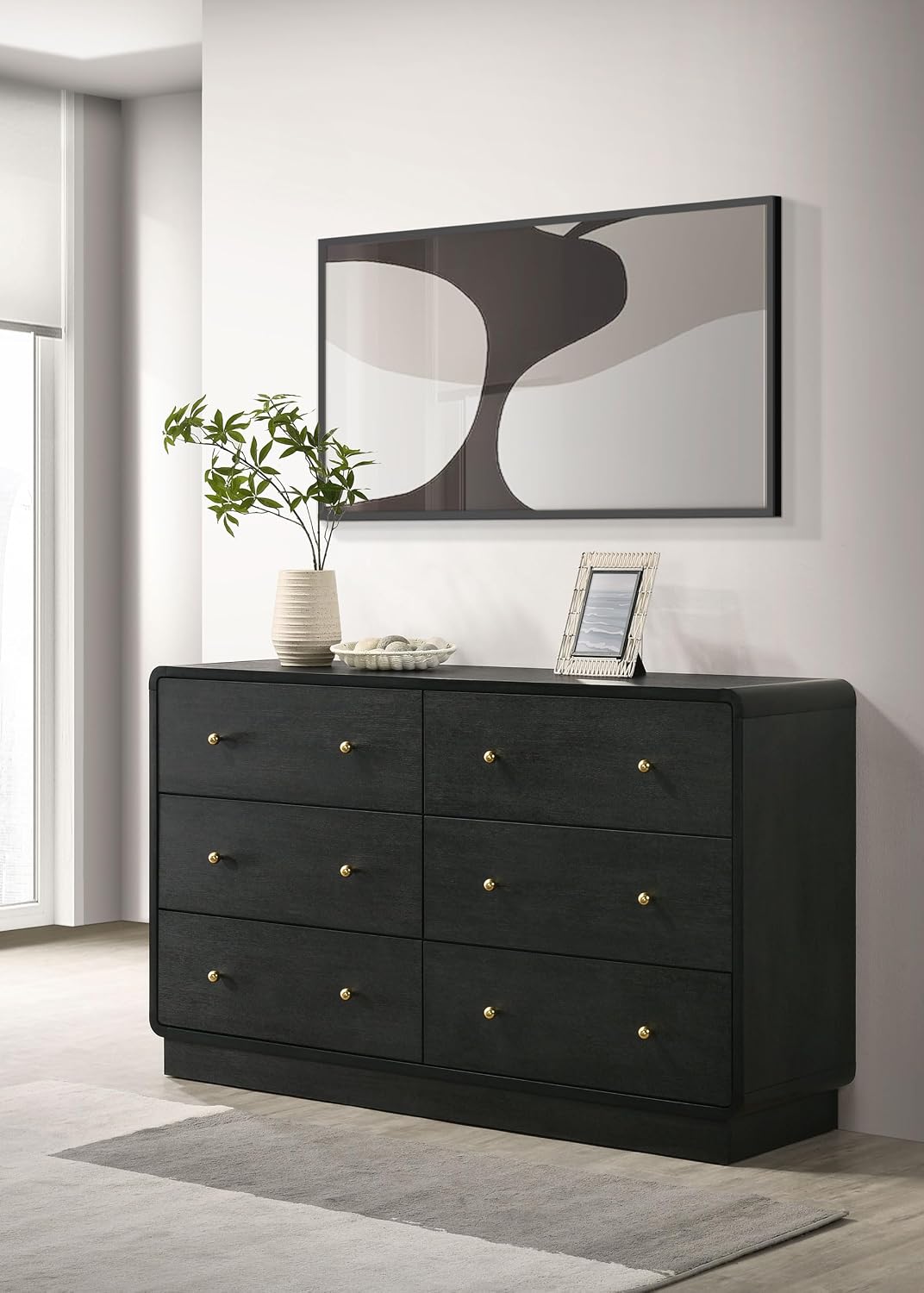 Coaster Home Furnishings - Cavelle - Wood - 6-Drawer Dresser with Mid-Century Modern Style, Gold Ball Knobs, Metal Extension Glides, Rounded Corners - Bedroom - Black - 223663