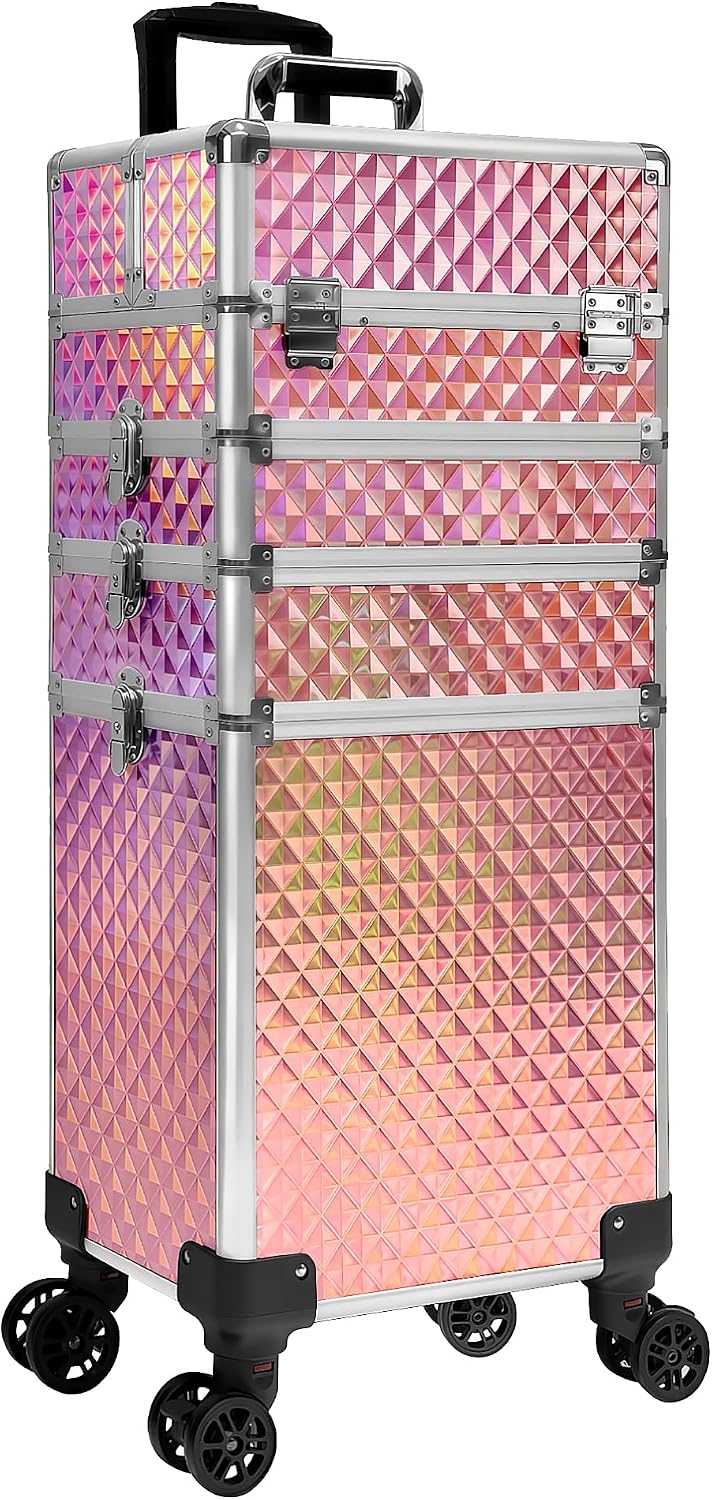 5 in 1 Rolling Makeup Train Case on Wheels Large Cosmetic Organizer Travel Cart for Women Beauty Salon Barber Hairstylist Pink
