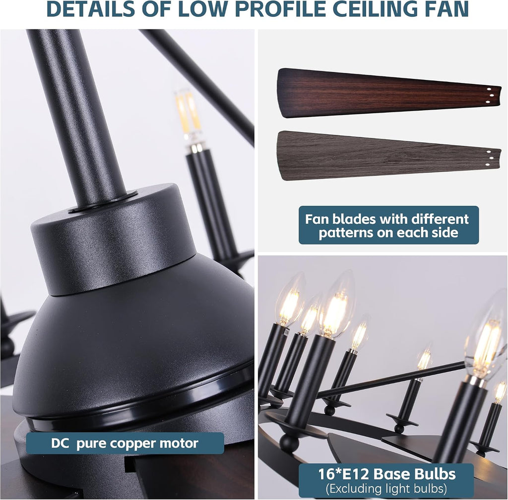 COCOSTAR 44' Black Wagon Wheel Ceiling Fan with 16-Lights, Adjustable Height Farmhouse Fandelier Chandelier for Living Room, E12 Bulb Compatible, Perfect for Summer Cooling and Winter Air Circulation