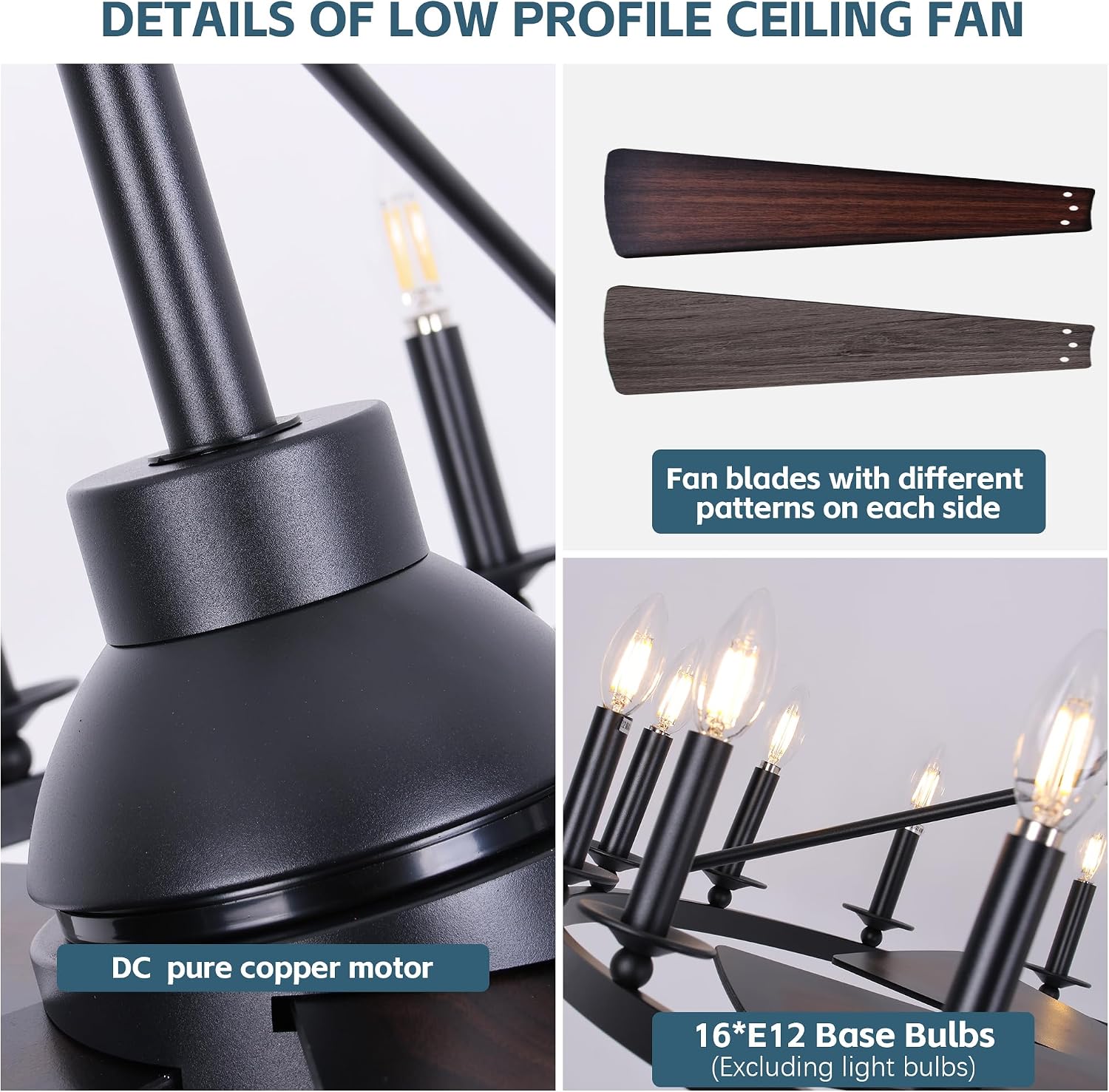 COCOSTAR 44' Black Wagon Wheel Ceiling Fan with 16-Lights, Adjustable Height Farmhouse Fandelier Chandelier for Living Room, E12 Bulb Compatible, Perfect for Summer Cooling and Winter Air Circulation