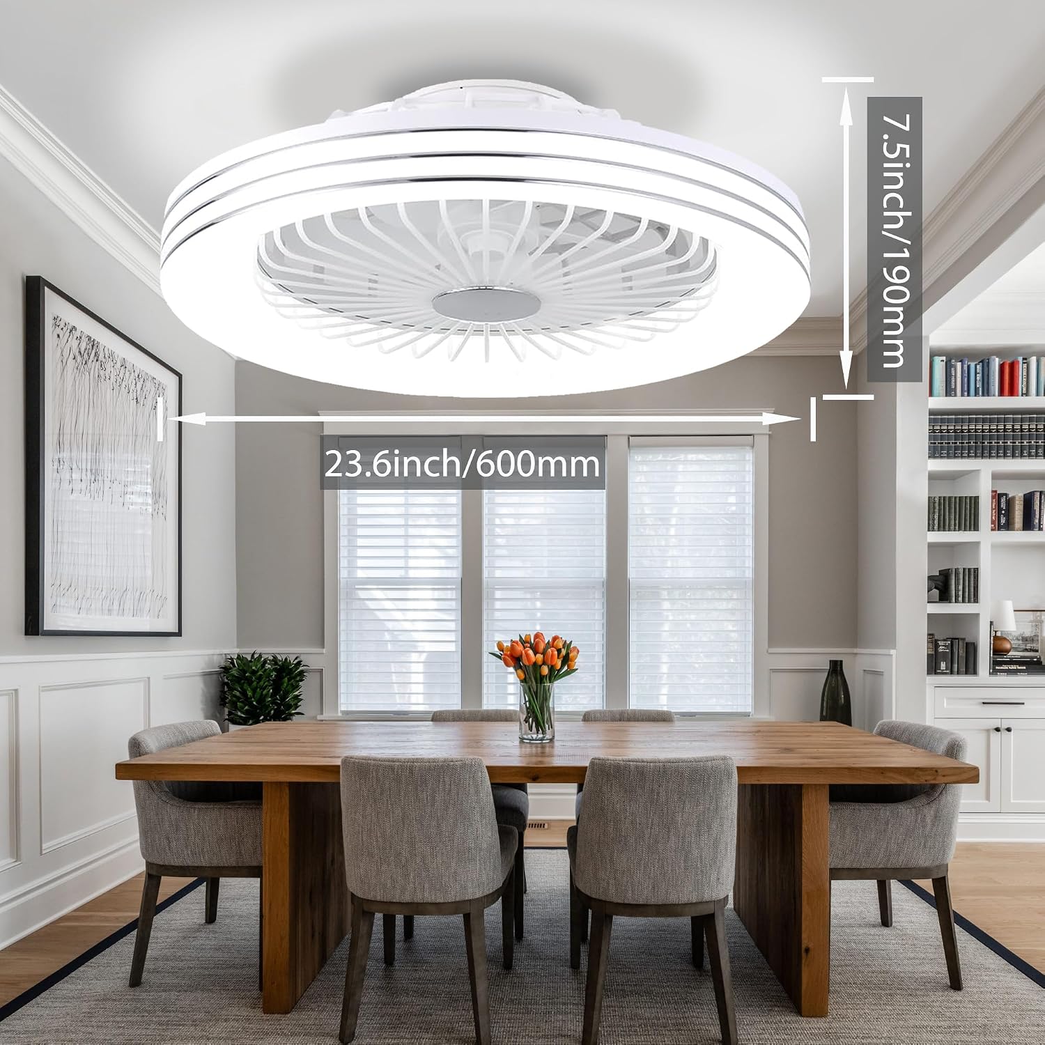 24' Low Profile Bladeless Ceiling Fan with Light, Enclosed Flush Mount Remote/APP Control, 3CCT Dimmable Light, Quiet 6 Speeds Timing Reversible