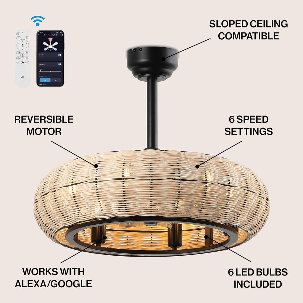 JONATHAN Y 23' Light Brown/Black 6-Light Modern Bohemian Ceiling Fan with Lights, 6-Speed Remote and App Control, Height Adjustable LED Lantern with Dark Brown Rattan Shade for Living Room (JYL9728B)
