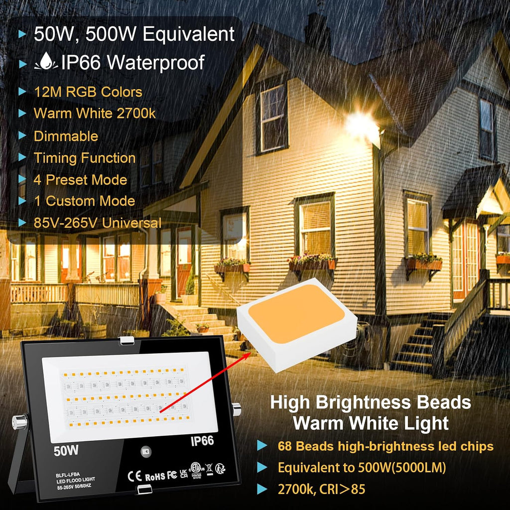 LED Flood Light Outdoor 500W Equivalent Color Changing Landscape Lighting, Timing+120 Colors Strobe+2700K Warm White+DIY Flash,IP66 Waterproof Up Stage RGB Led Light Indoor US 3Plug 6Pack with Stake