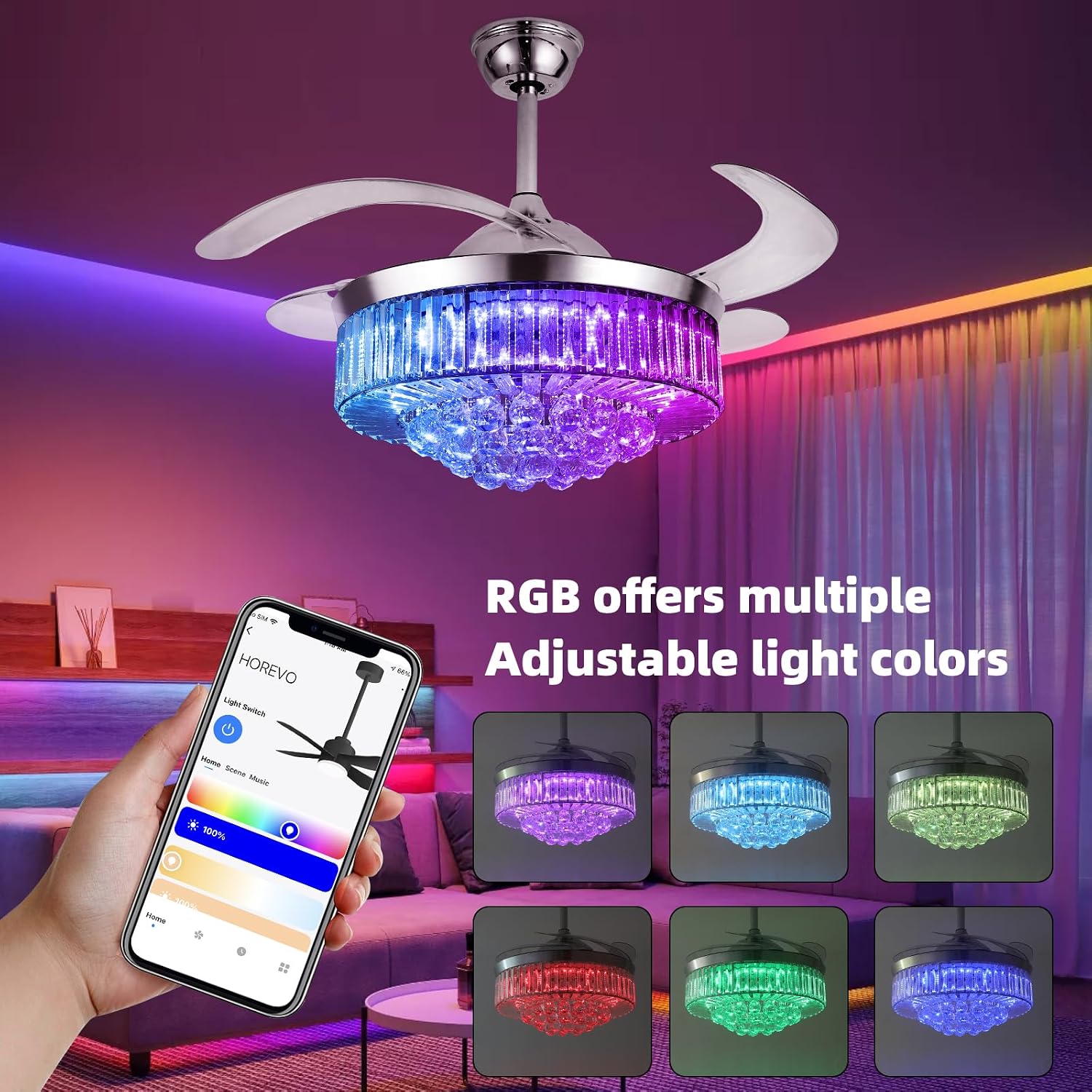 42' Smart Retractable Crystal Ceiling Fan with Light: Alexa/Google Home & Remote, Bluetooth Speaker, Dimmable RGB Light, 6-Speed Reversible Fandelier Chandelier Fan for Bedroom,Dining/Living Room